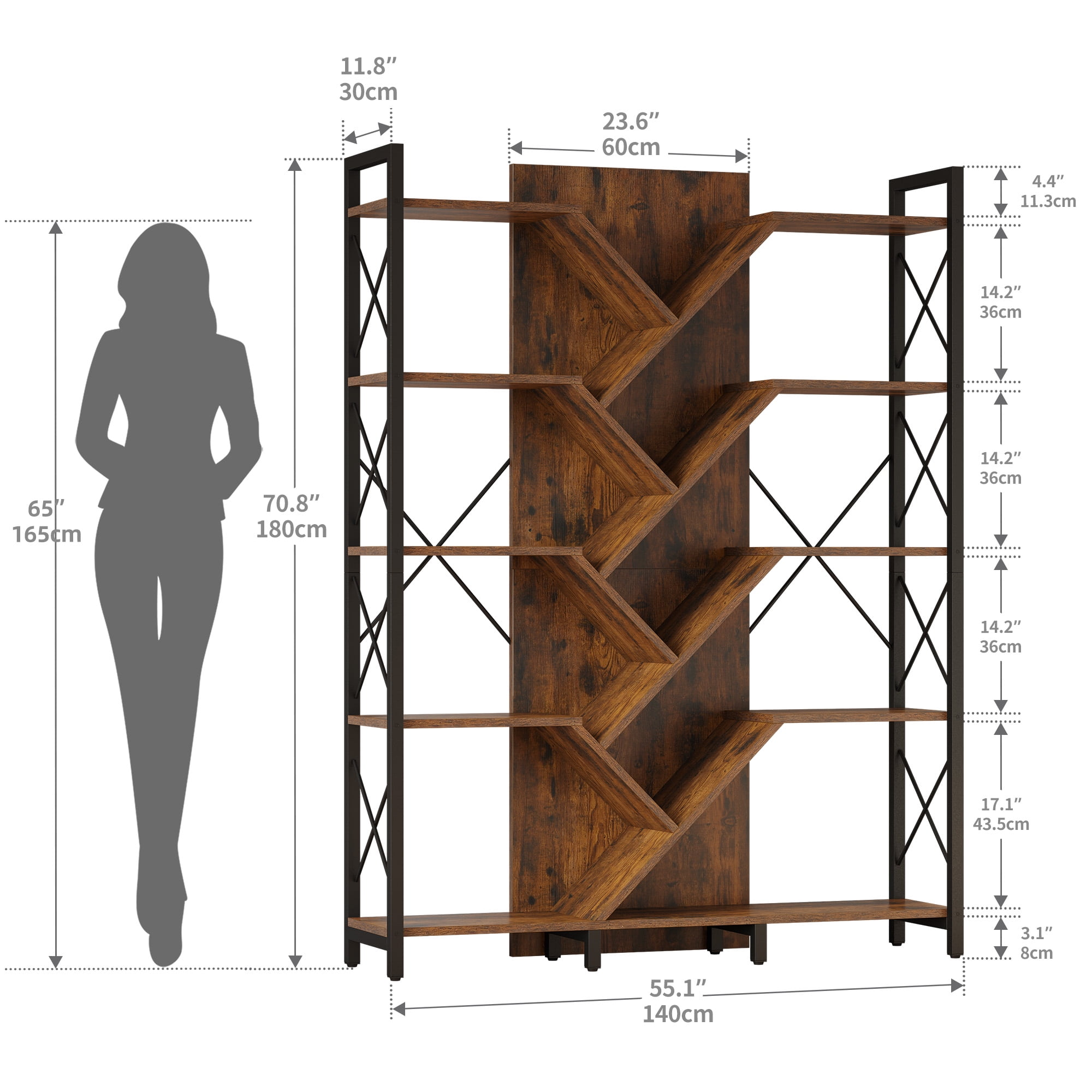 Dextrus 70.8" Tall Bookshelf and Bookcase, Industrial 5 Tier Large Bookshelves, Standing Tree Book Shelves Organizer Wide Display Rack for Living Room,Bedroom, Home Office, Rustic Brown - Image 4