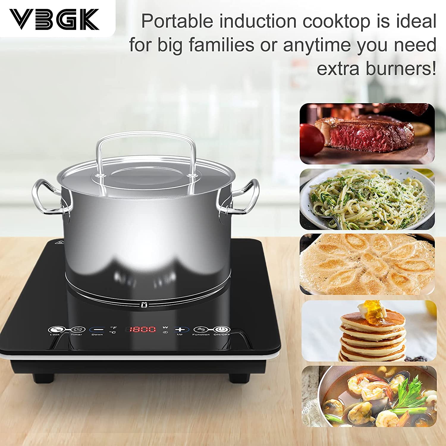 VBGK Portable Induction Cooktop Single Burner 1800W 120V with Plug,Countertop Hot Plate for Cooking,3H & Auto Shutdown Induction Burner,Child Lock Electric Cooktop - Image 3