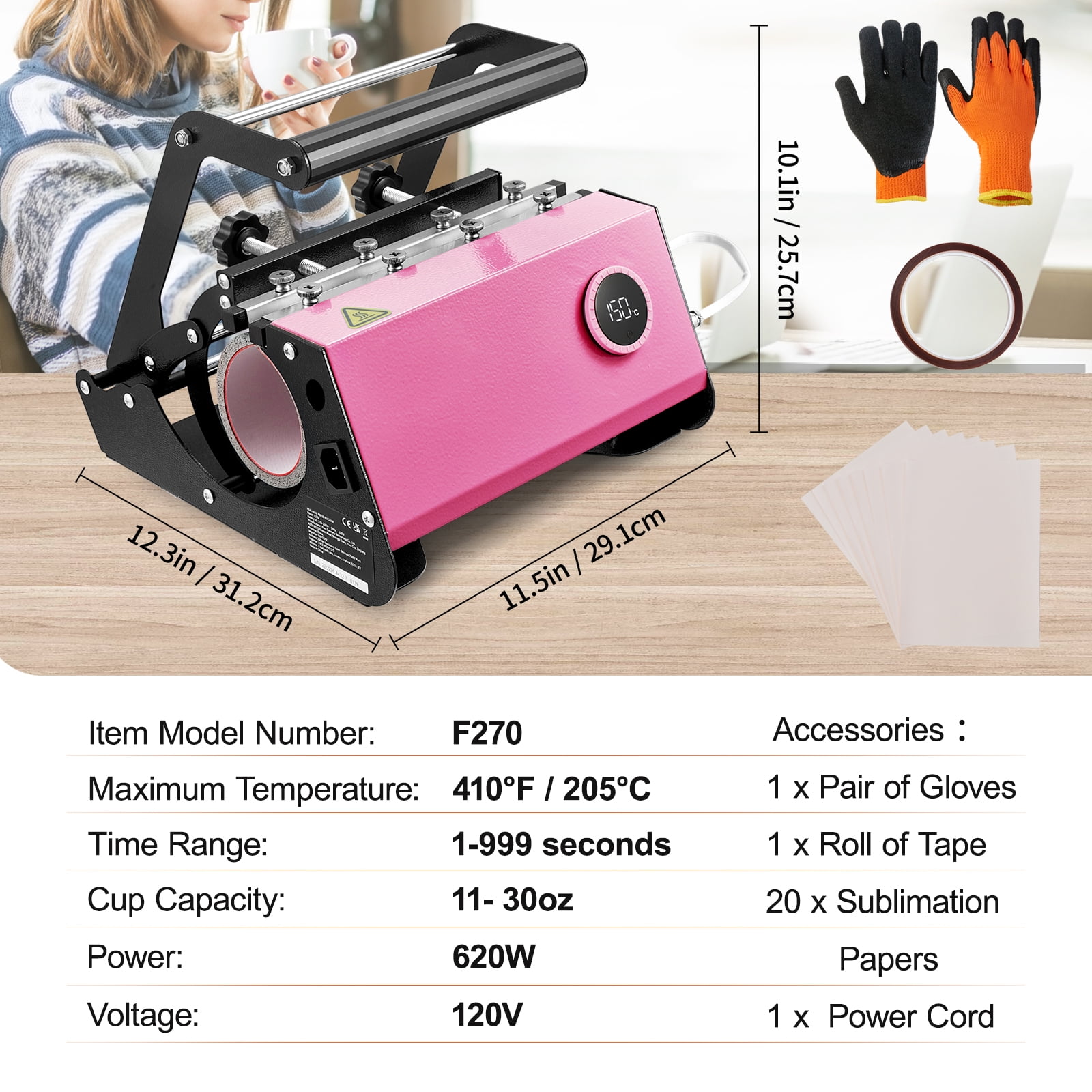 VEVOR Tumbler Heat Press, 30oz Mug Heat Press Machine Sublimation Transfer 11-15oz 16-25oz 30oz Straight Skinny Tumblers, Cup Heat Mug Press DIY Mug Cup Heat Transfer with Heat-Resist Gloves(Pink) - Image 9