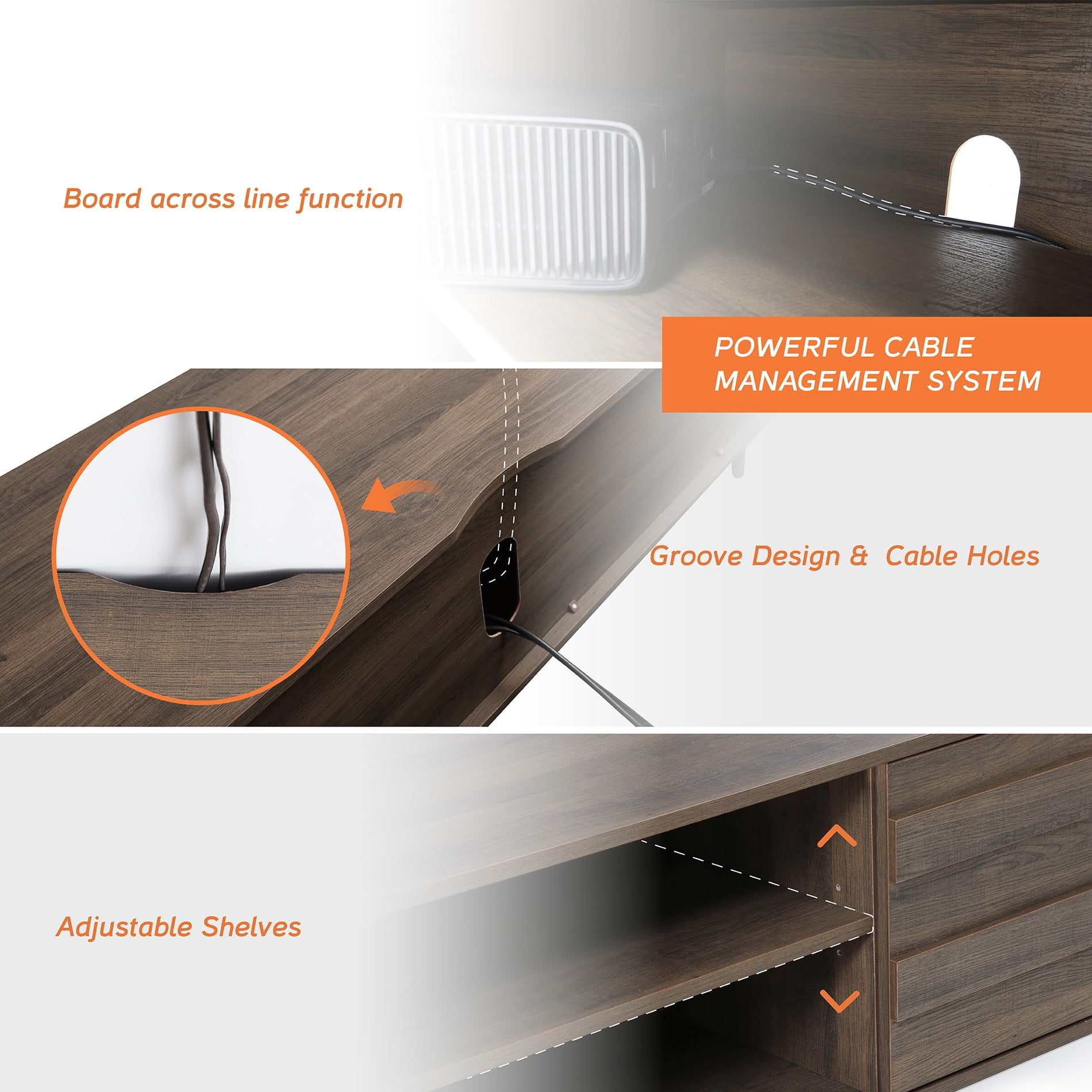 Mid-century LED TV Stand with Push To Open Cabinet and Metal Legs for Living Room, Brown - Image 3