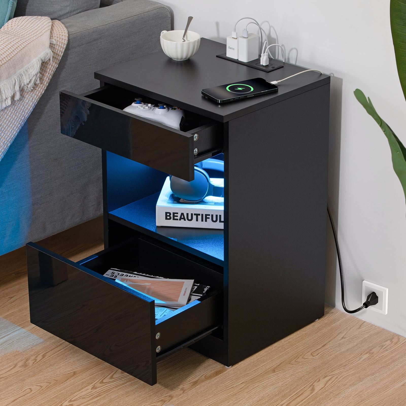 Hommpa Nightstand with Charging Station Nightstands with 2 Drawer Open Shelf Nightstands Black Nightstands High Gloss LED End Table Nightstands for Bedroom Living Room Furniture 23.6" Tall - Image 3