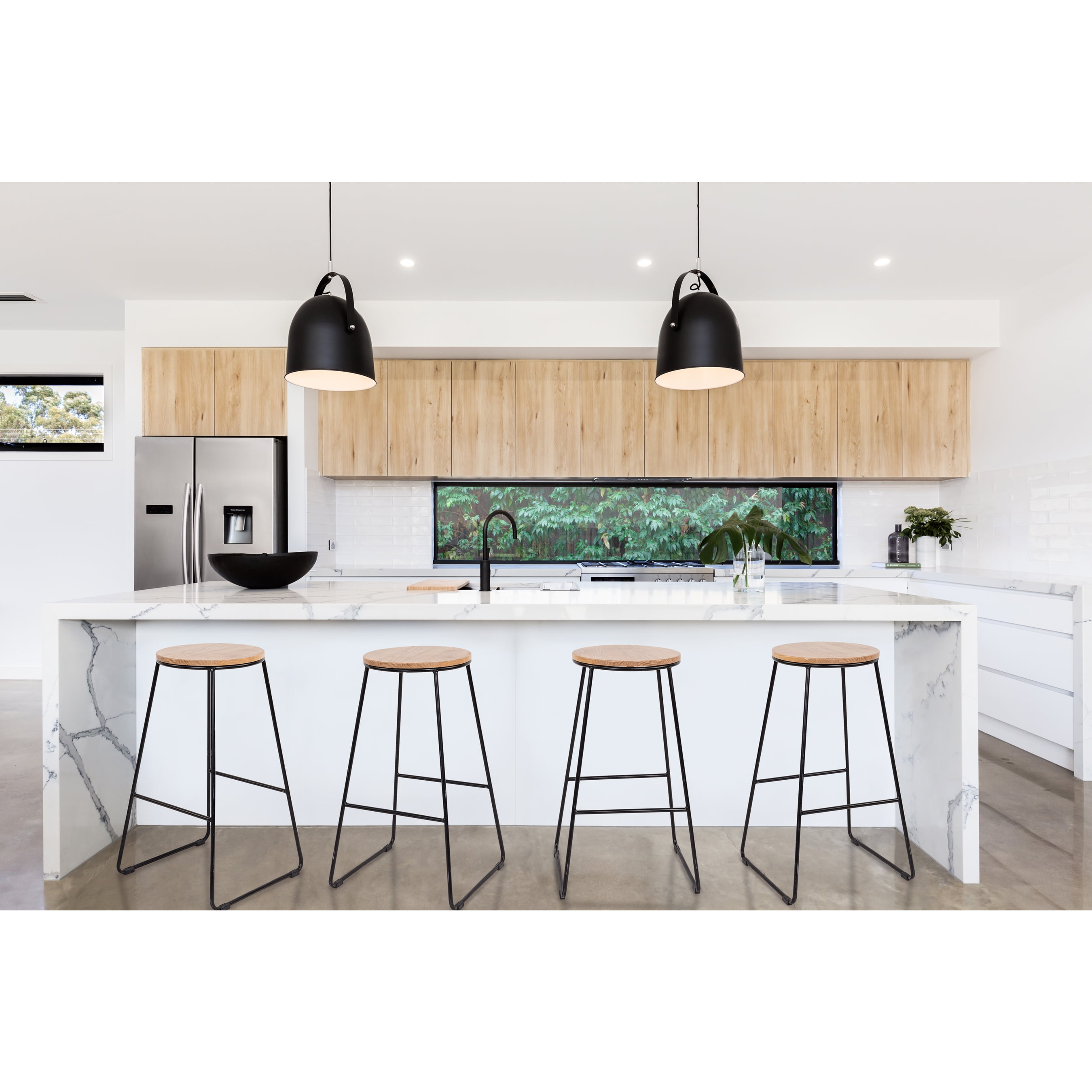 Mainstays 28"H Backless Stool Black Metal Base with Natural Wood Seat - Set of 4 - Image 5