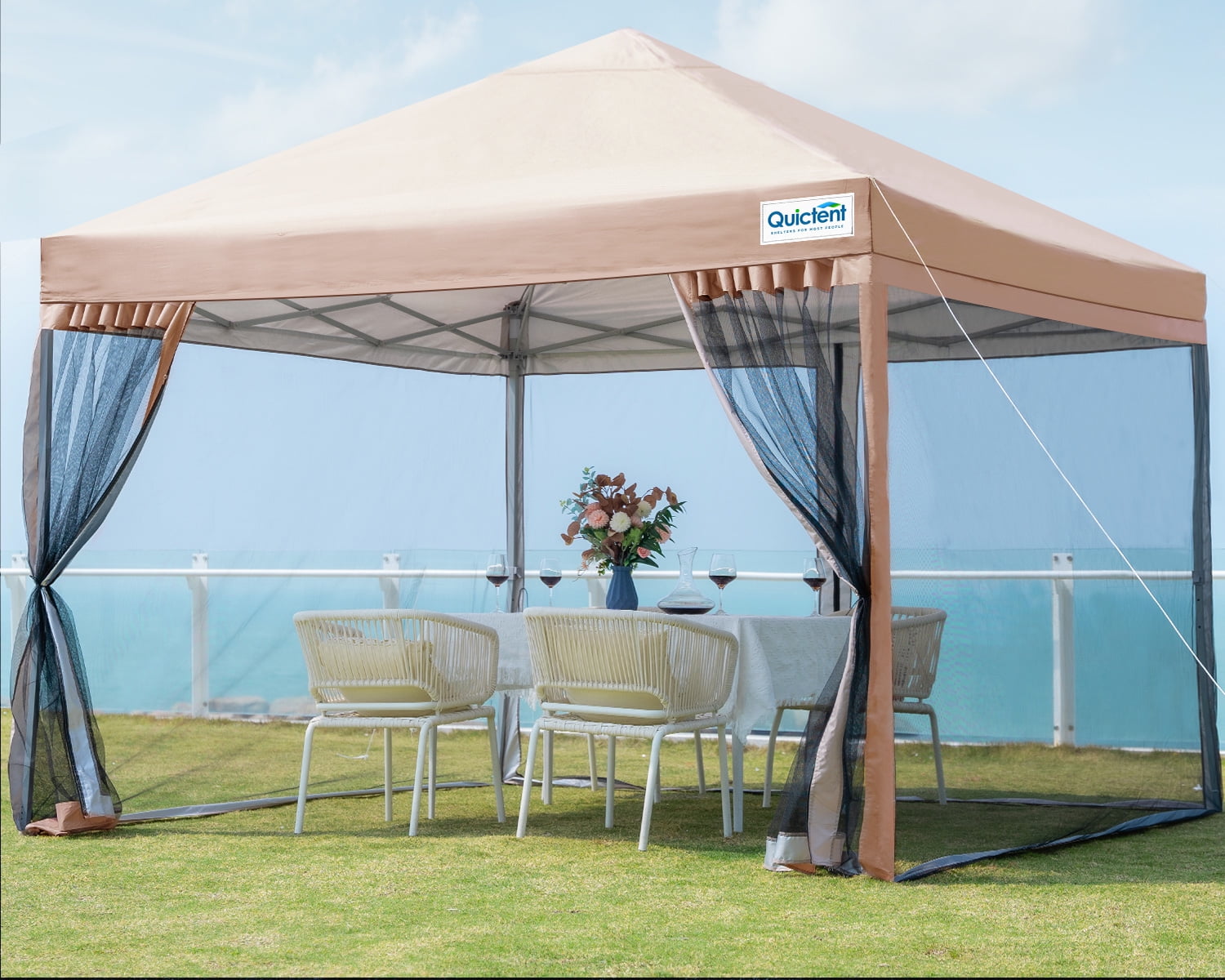 Quictent 10x10 Ez Pop up Canopy with Mosquito Netting Instant Setup Screen House Room Tent Waterproof with Roller Bag (Tan) - Image 4
