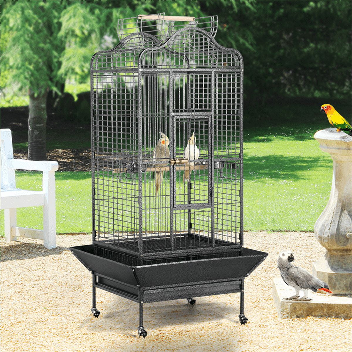Renwick Extra Large Bird Cage with Rolling Stand, 3 Feeding Bowls and 2 Perches, Black - Image 5