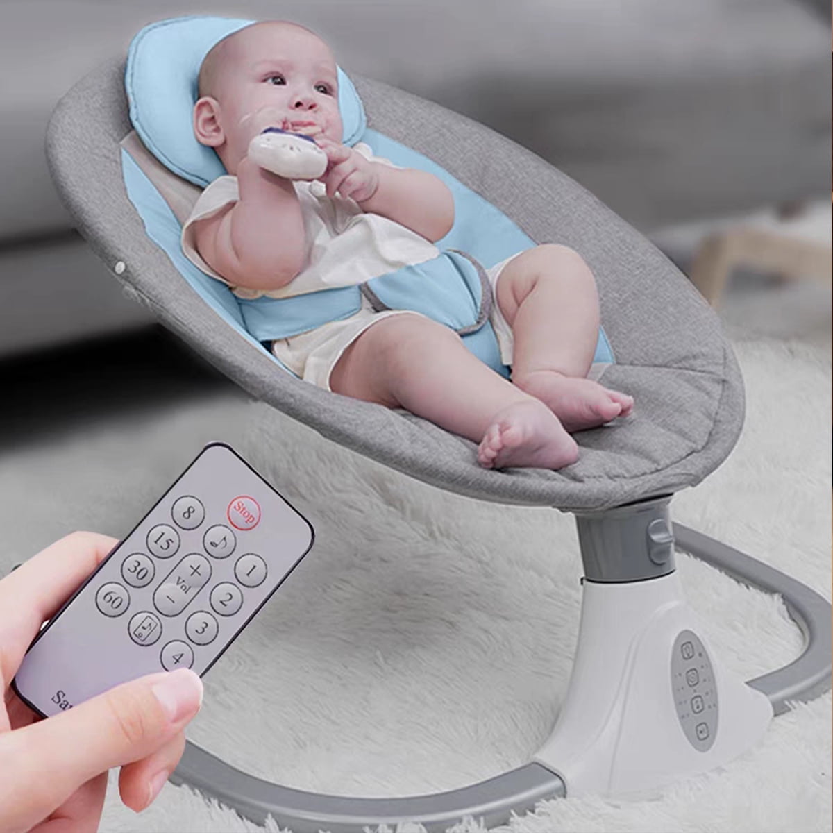 EONROACOO Portable Baby Swing, 4 Speed Infant Toddler Swing Bouncer, Bluetooth, Blue - Image 4