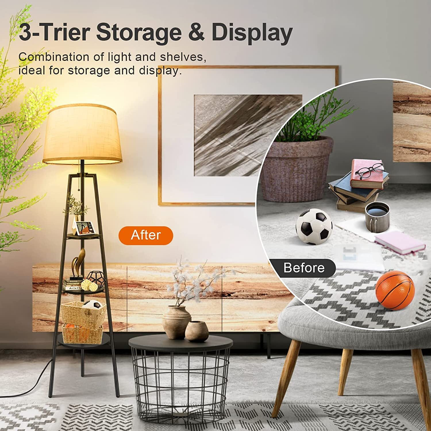 OUTON Tripod Floor Lamp with Shelves, Modern Standing Lamp with Linen Lampshade for Living Room, Bedroom, Office ,3 Color Temperature Bulb Stepless Dimming(Metal Black) - Image 5