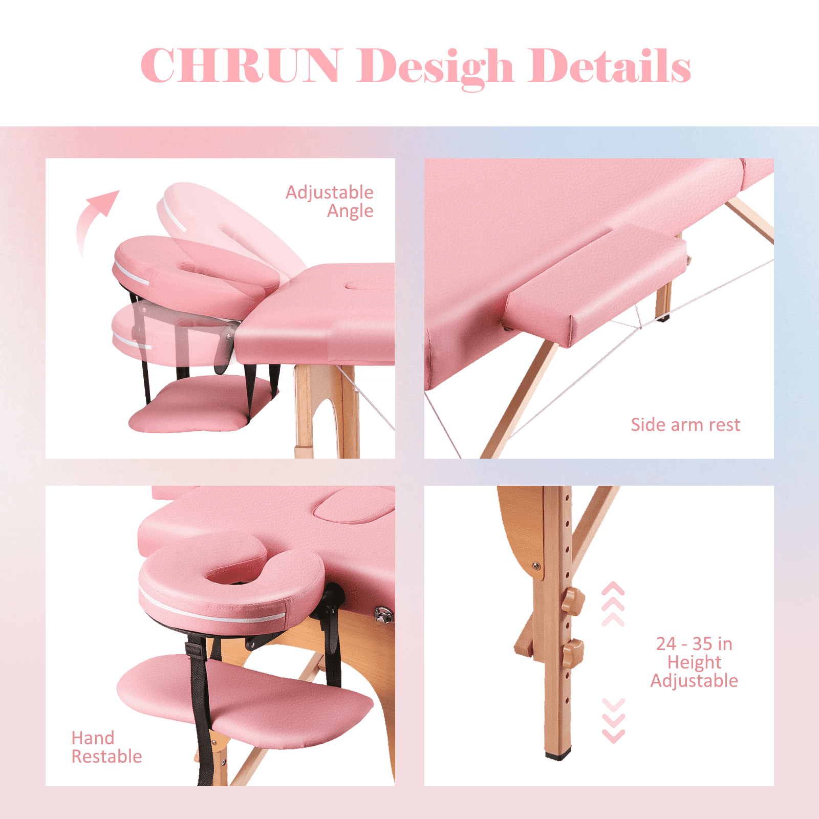 Naipo Portable Massage Table Pink Wide Massage Bed 84 Inches Spa Bed 2 Fold Adjustable 9 Heigh Salon Bed Face Cradle Bed Carry Case - Light Pink - Image 7