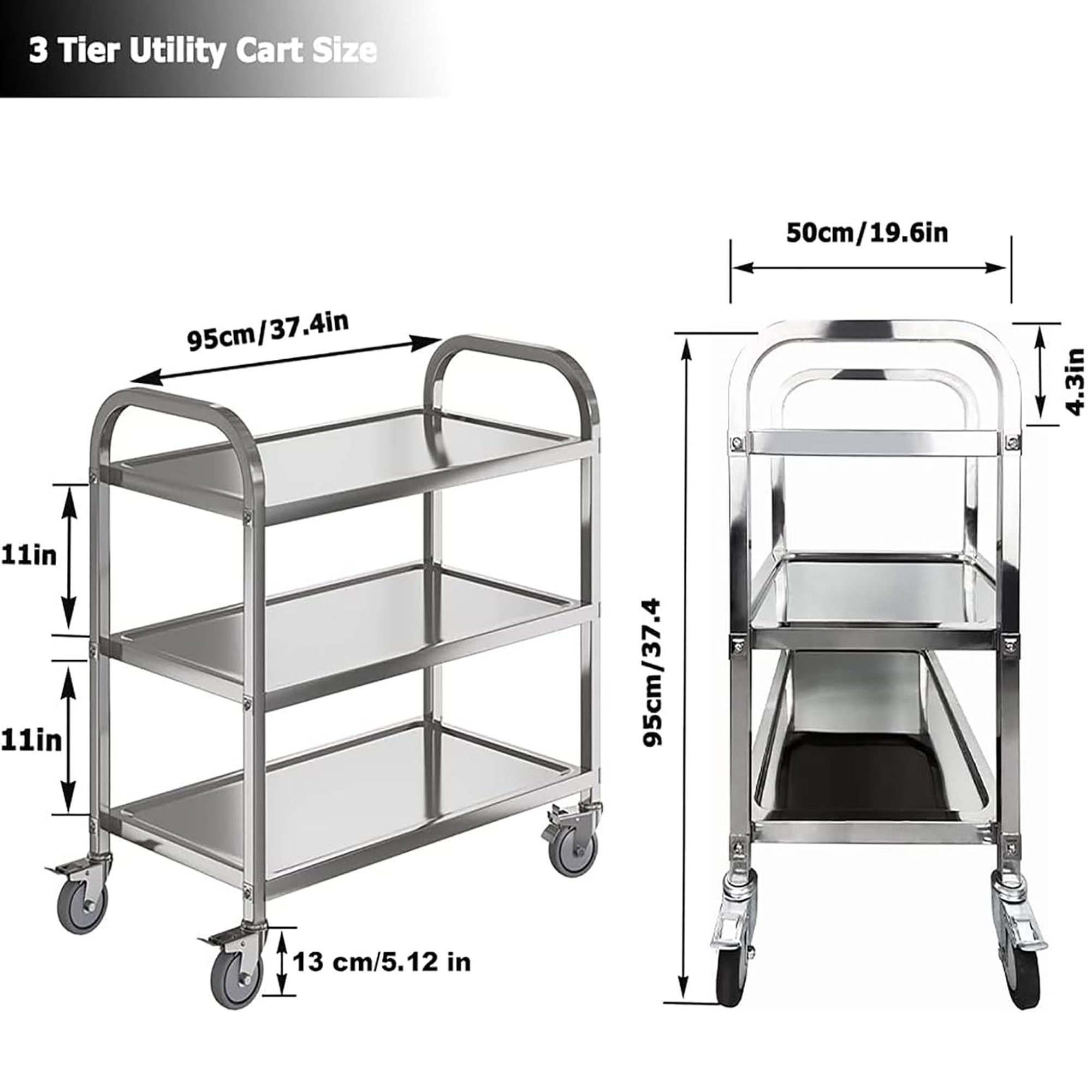 Petoto 37x20x37 inch 3-Tier Stainless Steel Utility Cart - Commercial Food Cart - Kitchen Serving Carts with Locking Wheels - Image 5