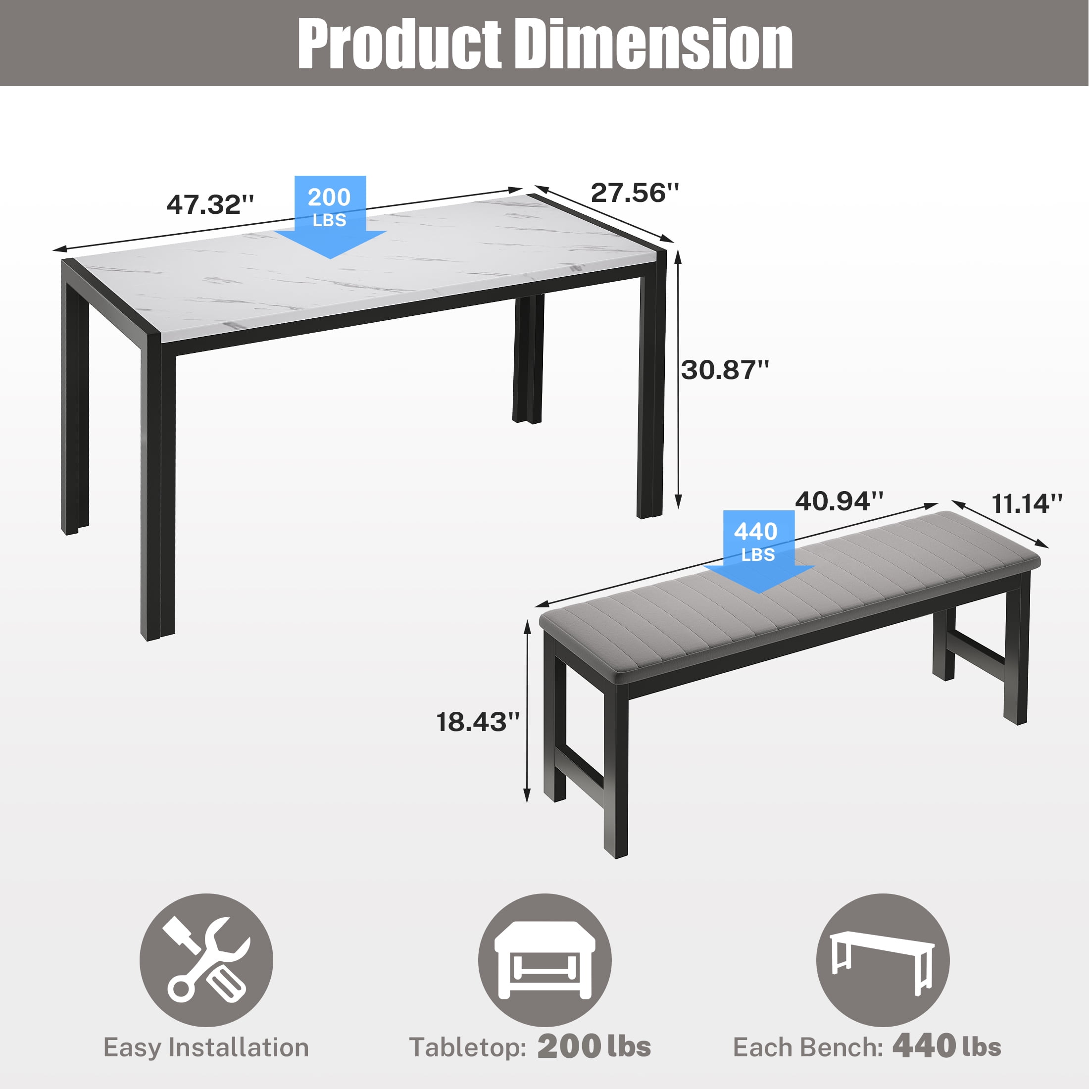PORKISS Dining Table Set for 4, Faux Marble Kitchen Table Set with 2 Velvet Benches, Breakfast Nook Set for Small Spaces, 3 Piece Dining Room Table Set, White+Gray+Black #1 - Image 2