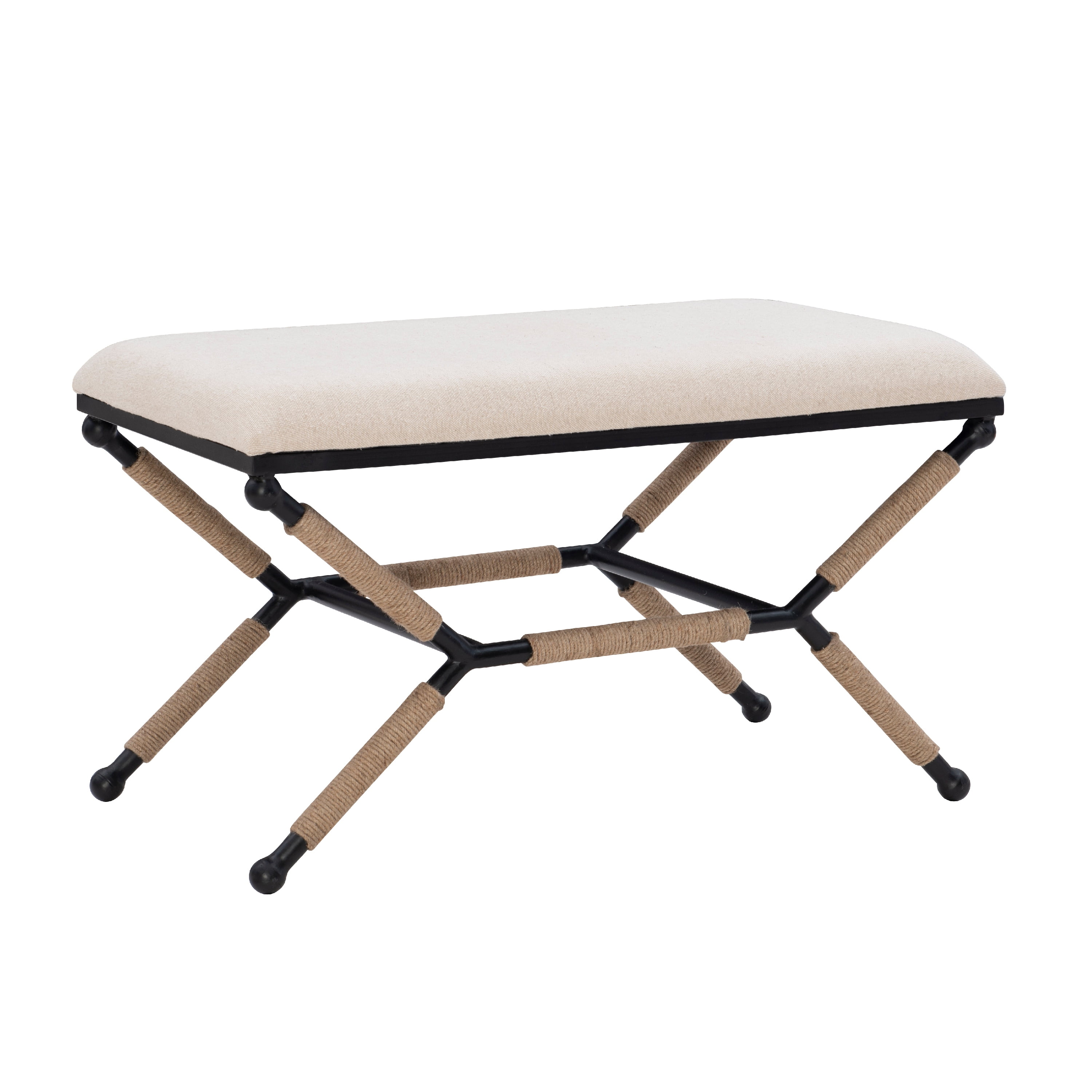 Linon Winther X Frame Bench or Ottoman, Rope Wrapped Metal Legs with Natural Linen Fabric - Image 4