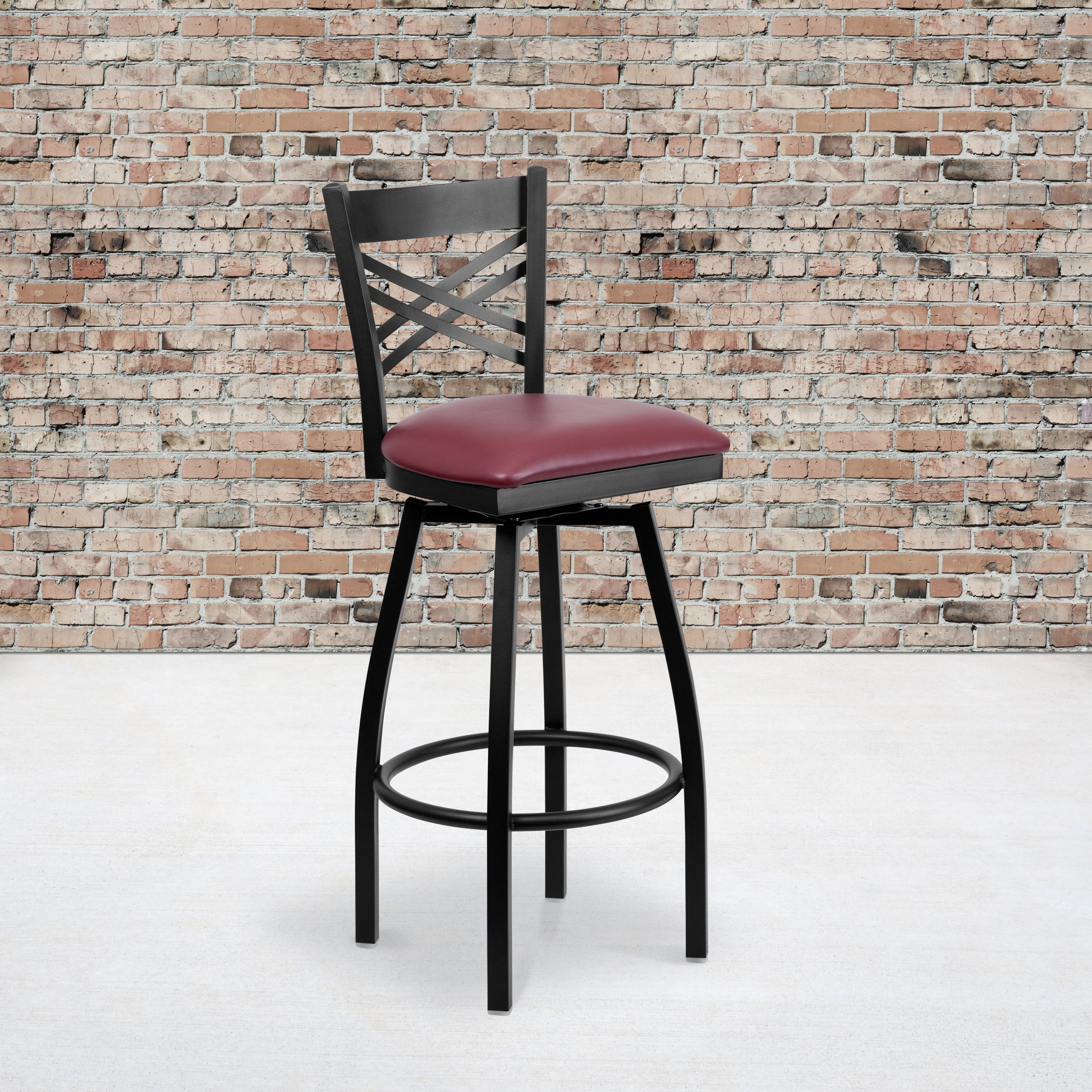 Flash Furniture HERCULES Series Black ''X'' Back Swivel Metal Barstool - Burgundy Vinyl Seat - Image 2