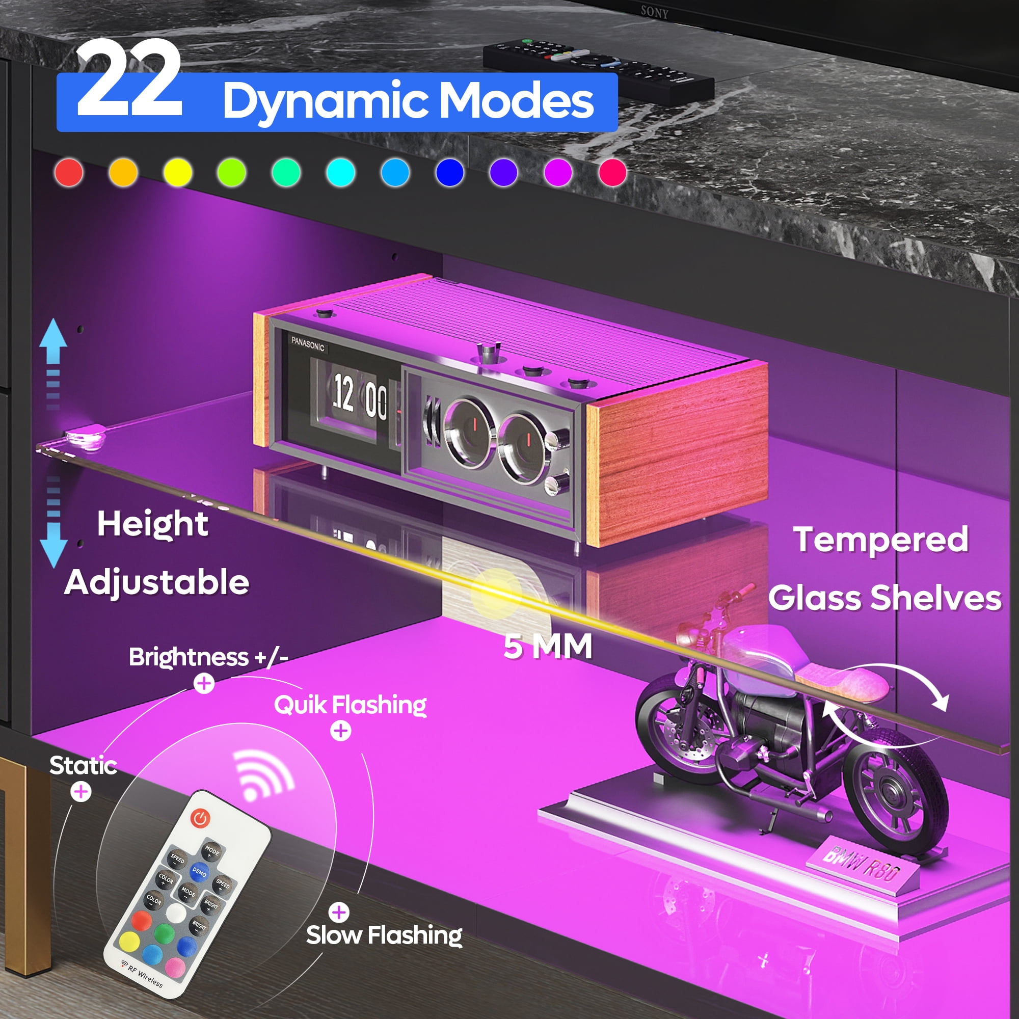 Bestier 80" Modern TV Stand LED Entertainment Center High Gloss Console Table for TVs up to 85" with Storage Cabinet and Drawers, Black - Image 5