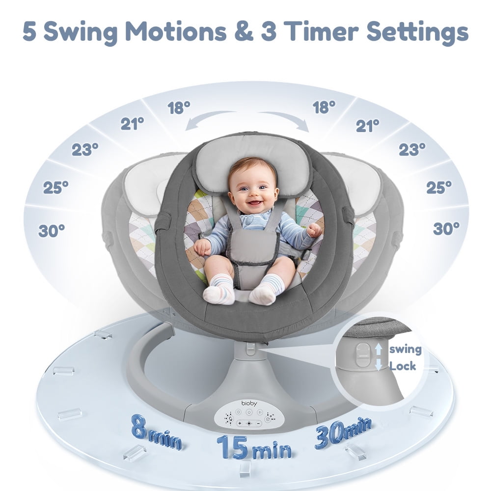 Electric Baby Swing, Caveen Infant Swing Rocker with Remote Control, 5 Sway Speeds, Bluetooth Music, Grey - Image 2