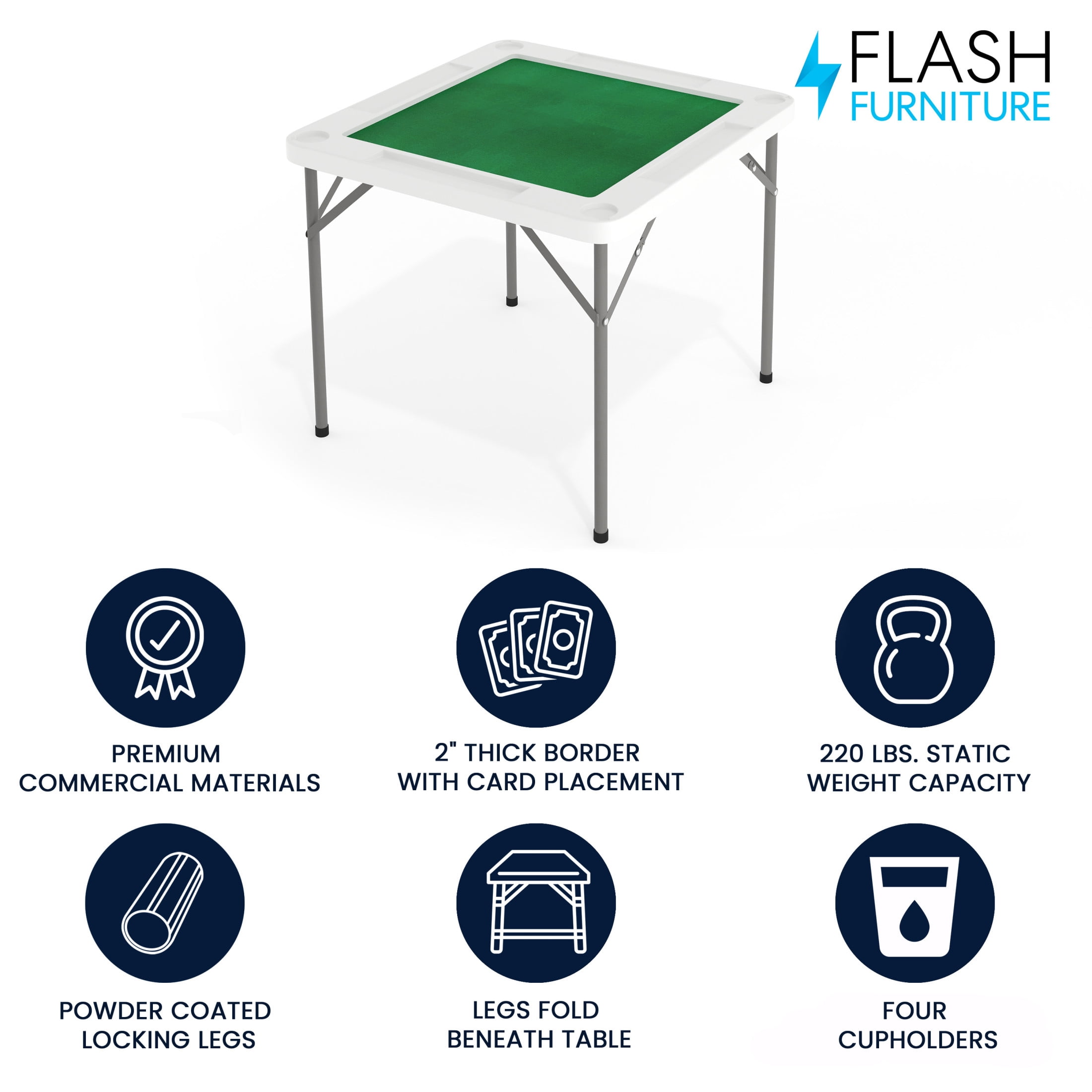 Flash Furniture Silas 34.5" Square Folding Card Table with Felt Surface and Cup Holders, White/Green - Image 2