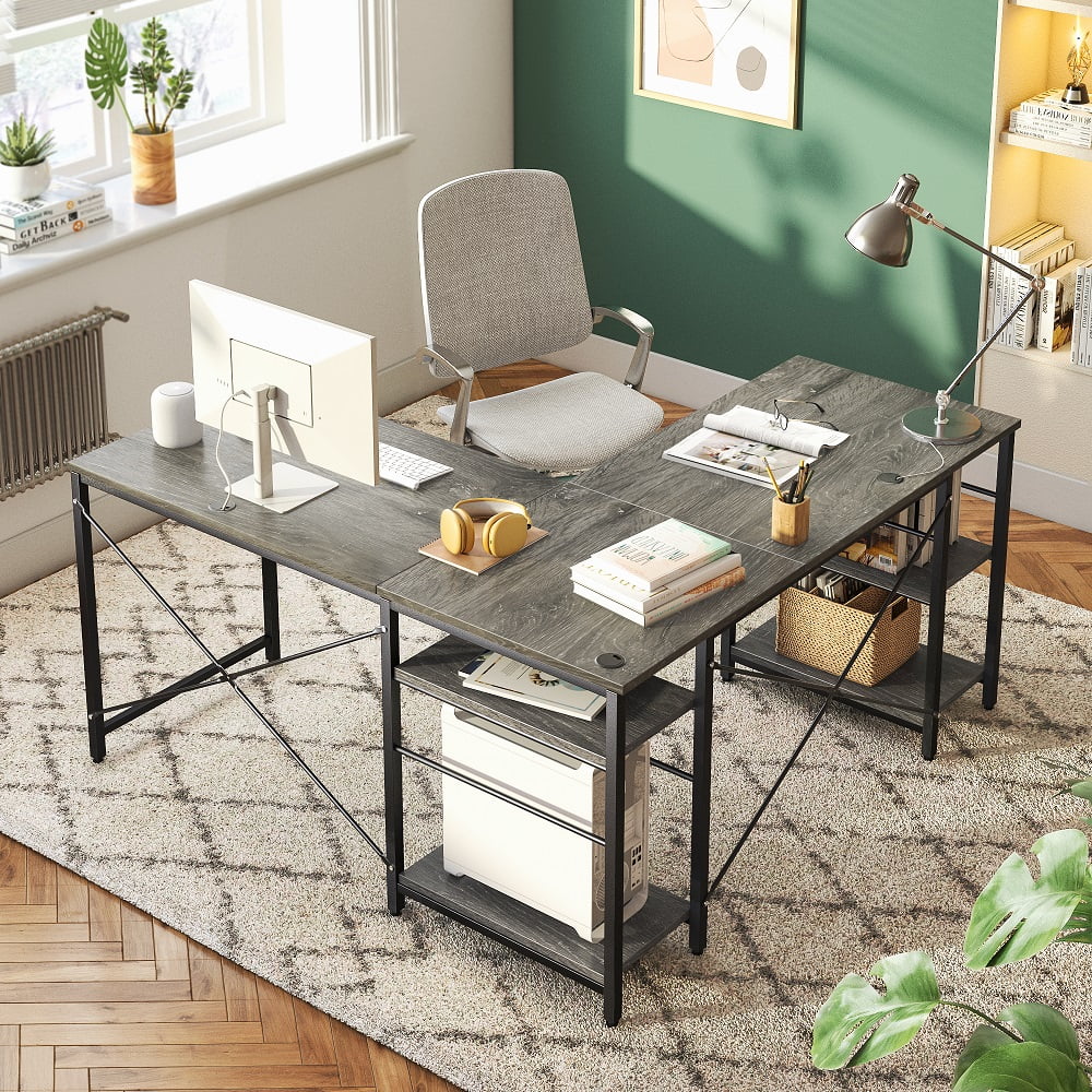 Bestier 95.5 inches L-Shaped Corner Computer Desk with Shelves Long Table Three-Way Convertible in Grey - Image 5