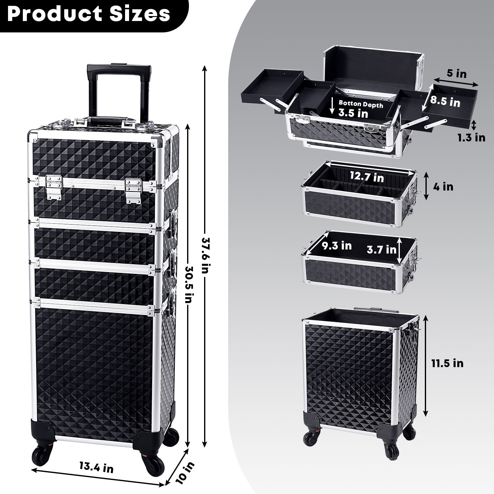 Professional Rolling Makeup Case with Wheels 4 in 1 Aluminum Cosmetic Train Case Trolley Box Salon Barber Suitcase - Image 6