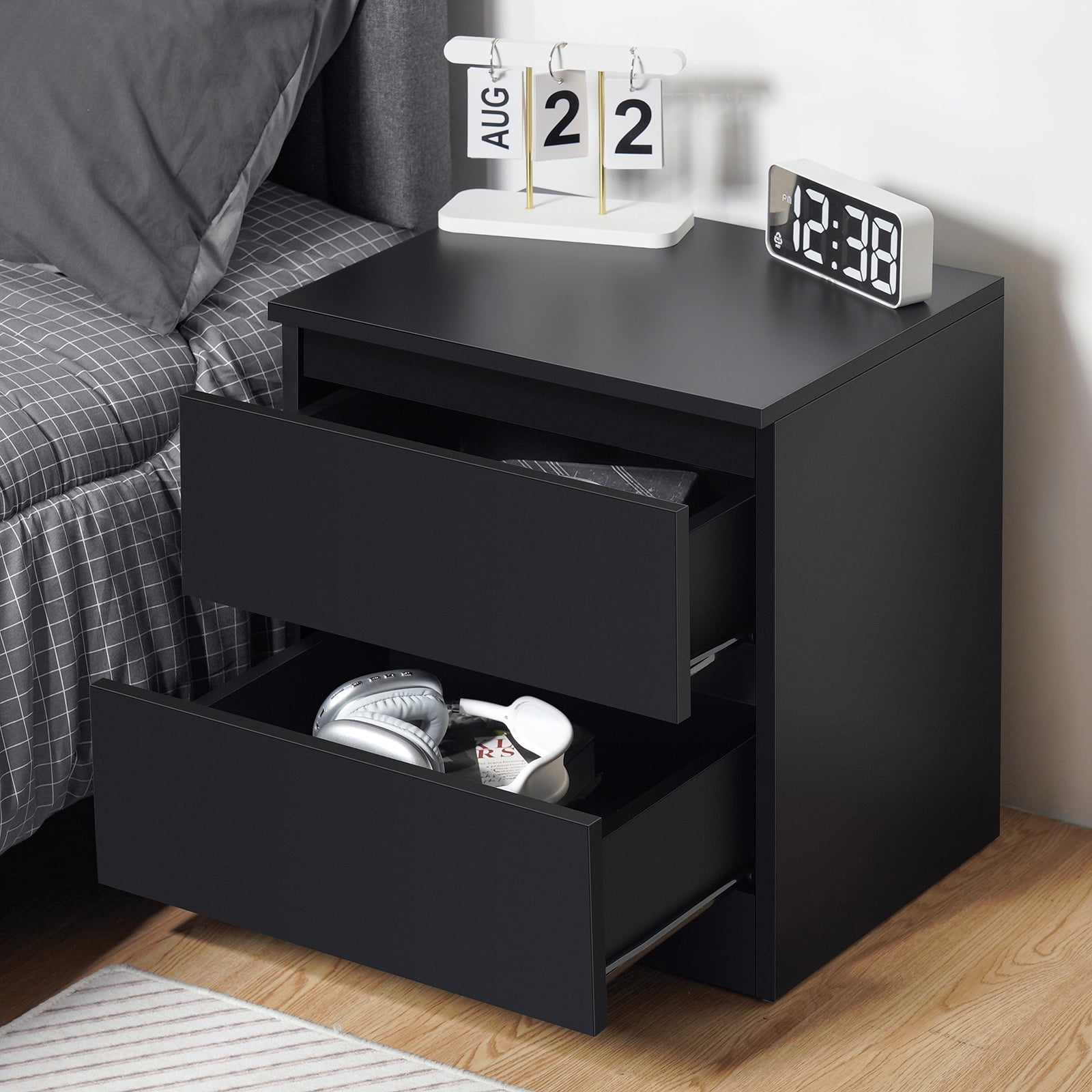Hommpa 2 Drawers Nightstand for Bedroom, Bedside End Table Organizer, Wooden Black Finish 17.72" x 13.78" x 18.51" - Image 2