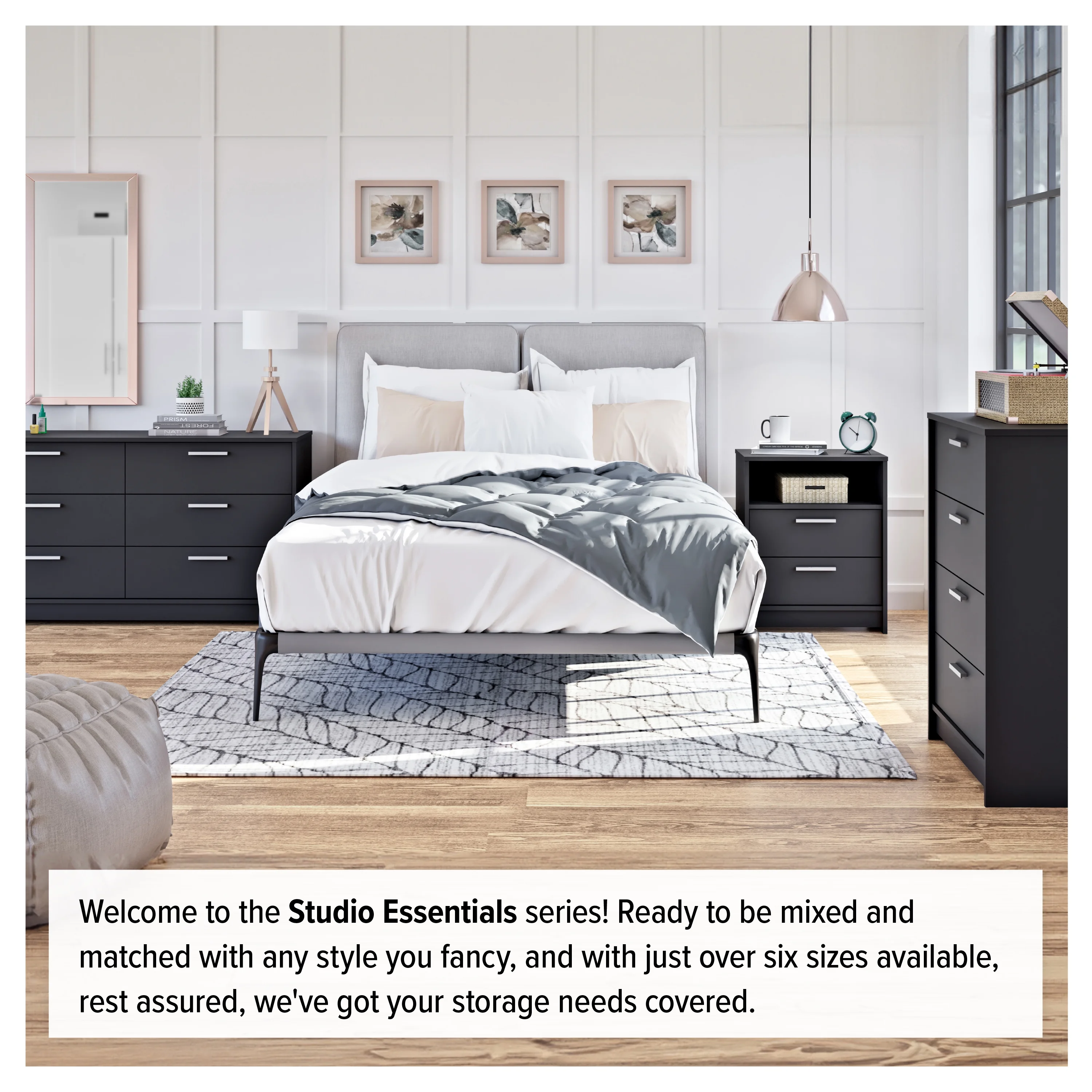 Prepac Studio Essentials Nightstand Bedside Table, Black Nightstand for Bedroom, End Table with 2 Drawers and Open Shelf 16" D X 21.25" W x 26.25" H, BDNR-2102-1 - Image 4