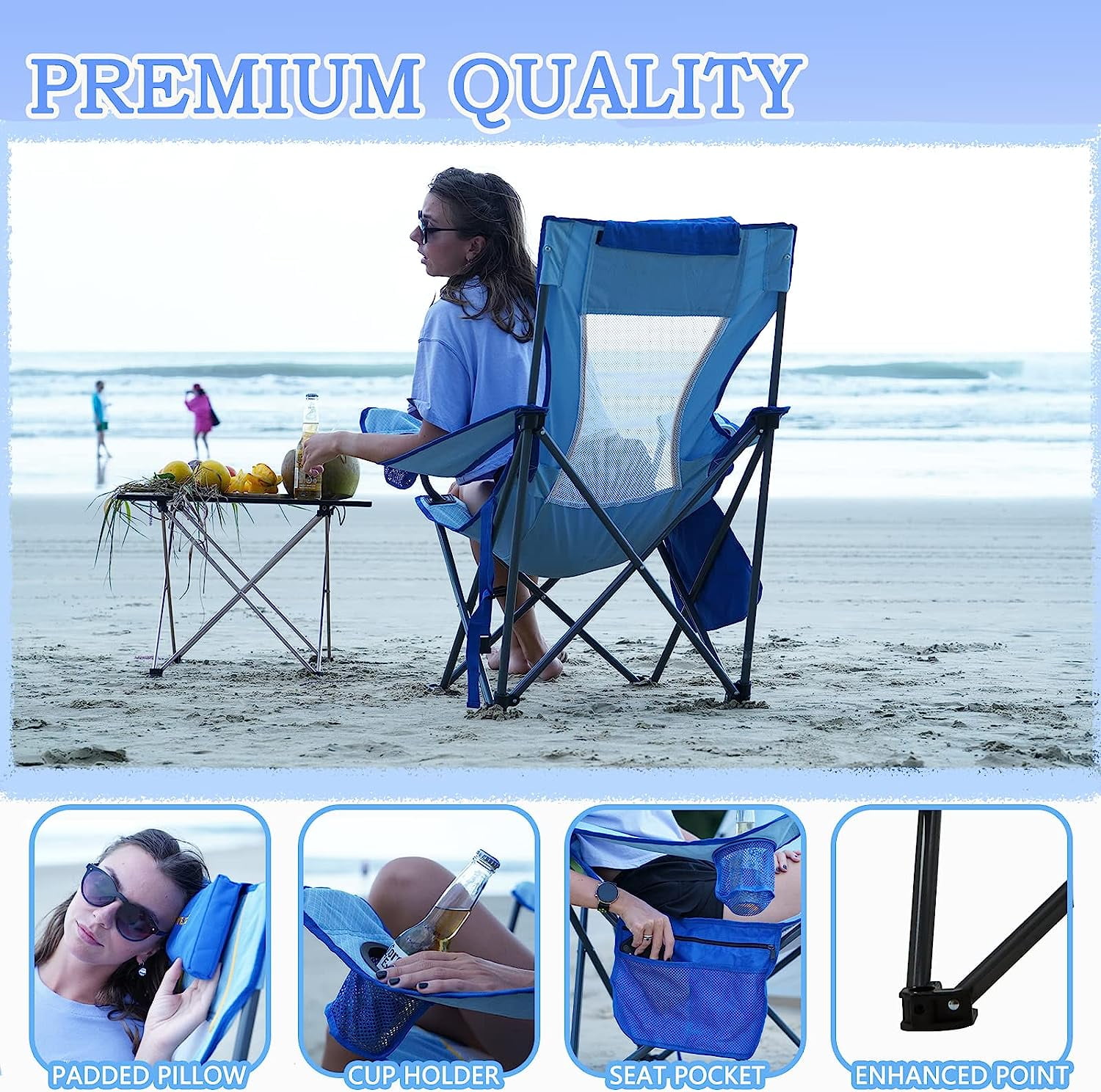 #WEJOY Folding Beach Chair High Back Camping Chairs Portable Outdoor Lawn Chairs Support up to 265lbs Blue - Image 9