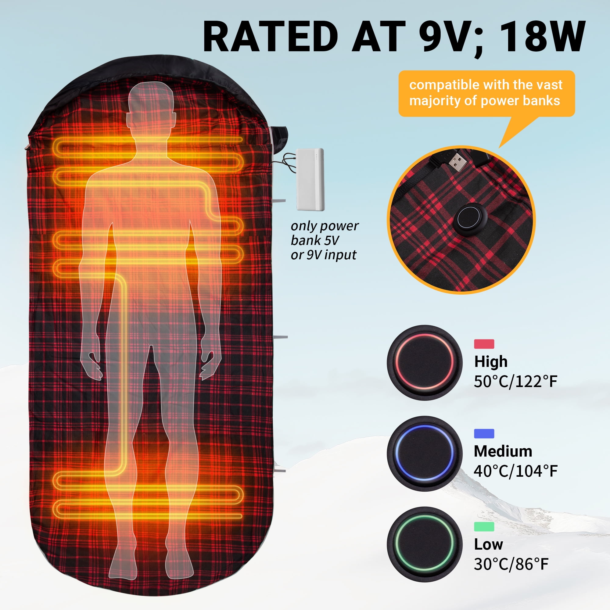 KingCamp Oversized Heating Sleeping Bags Cotton Flannel Cold Weather Sleeping Bag with 3 Adjustable Heating Levels for Adult - Image 7