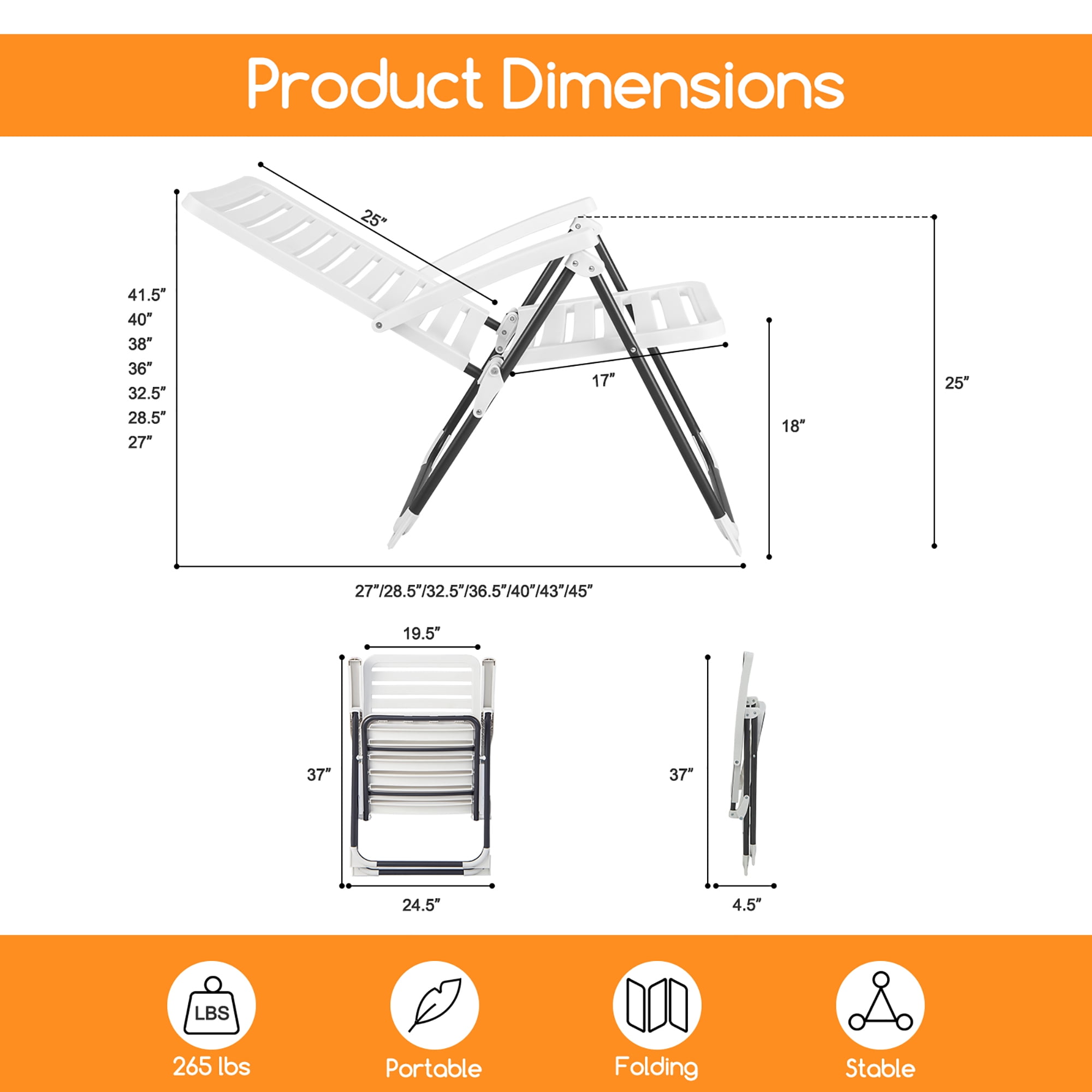 Costway Patio PP Folding Chair Adjustable Reclining 7-Level All-Weather Portable Outdoor White - Image 5