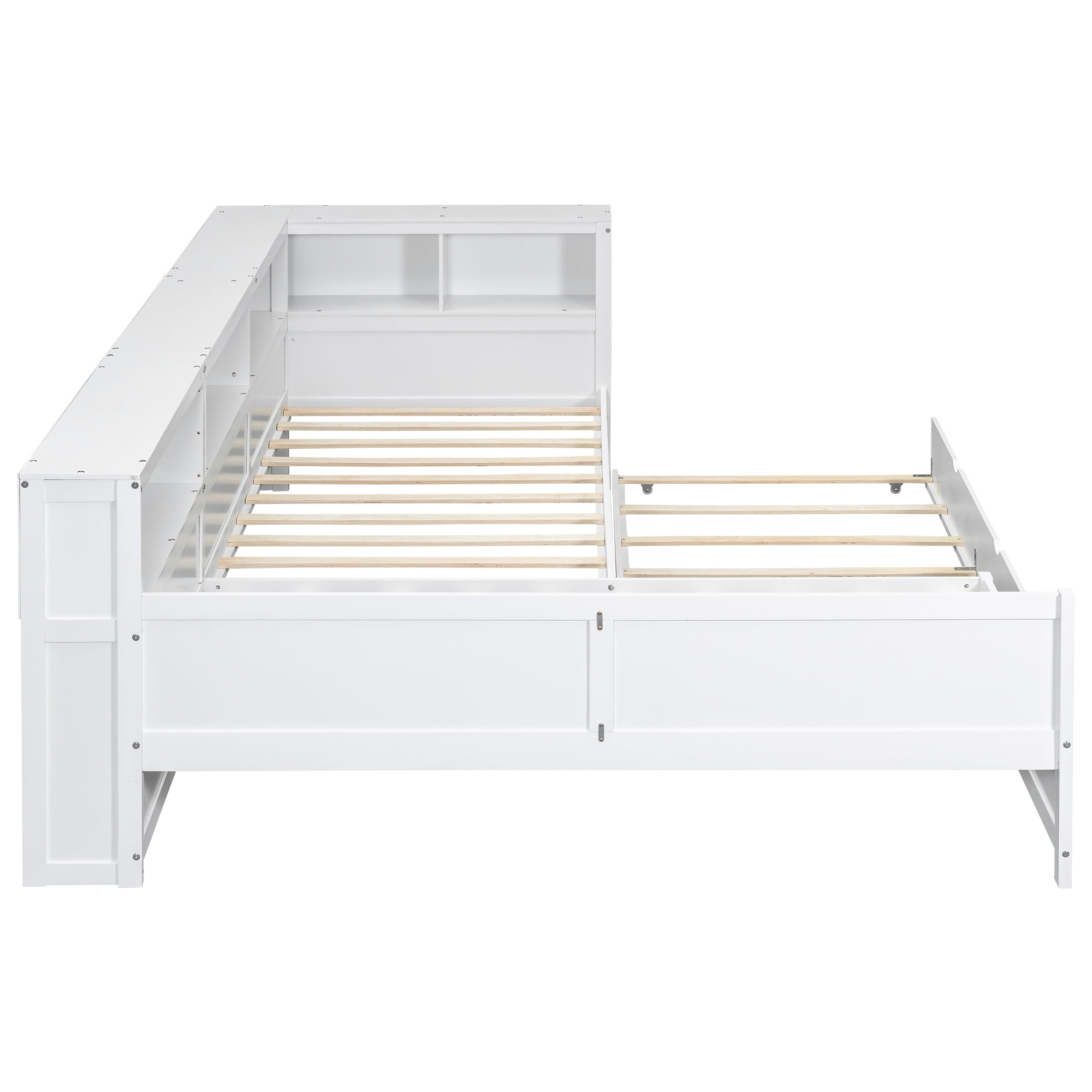 Euroco Wood Twin Size Platform Bed, L Shaped Daybeds with Storage Headboard and USB Charging, 3-in-1 Bed with Trundle and Drawer, White - Image 15