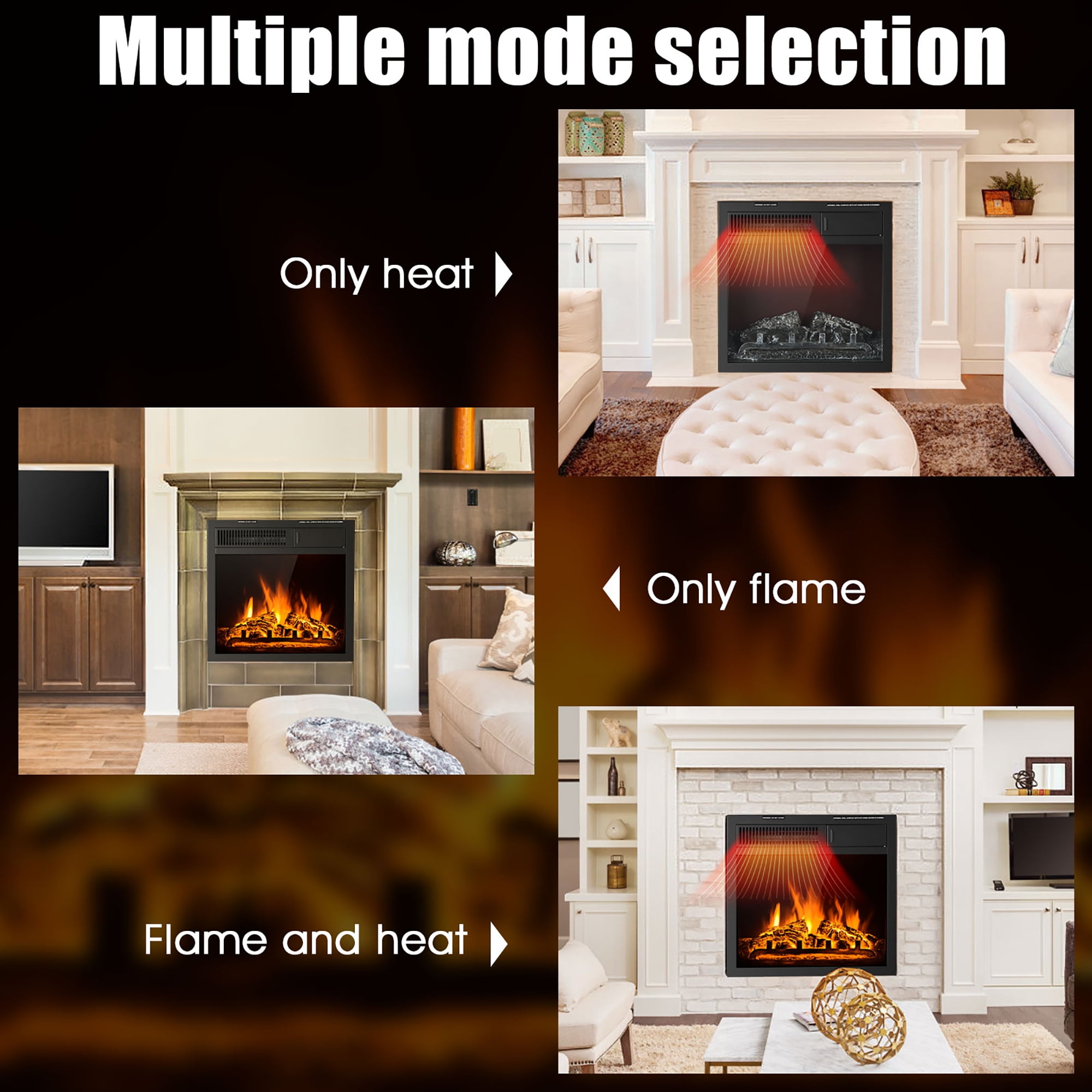 Costway 18'' Electric Fireplace Insert Freestanding & Recessed Heater Log Flame Remote - Image 12