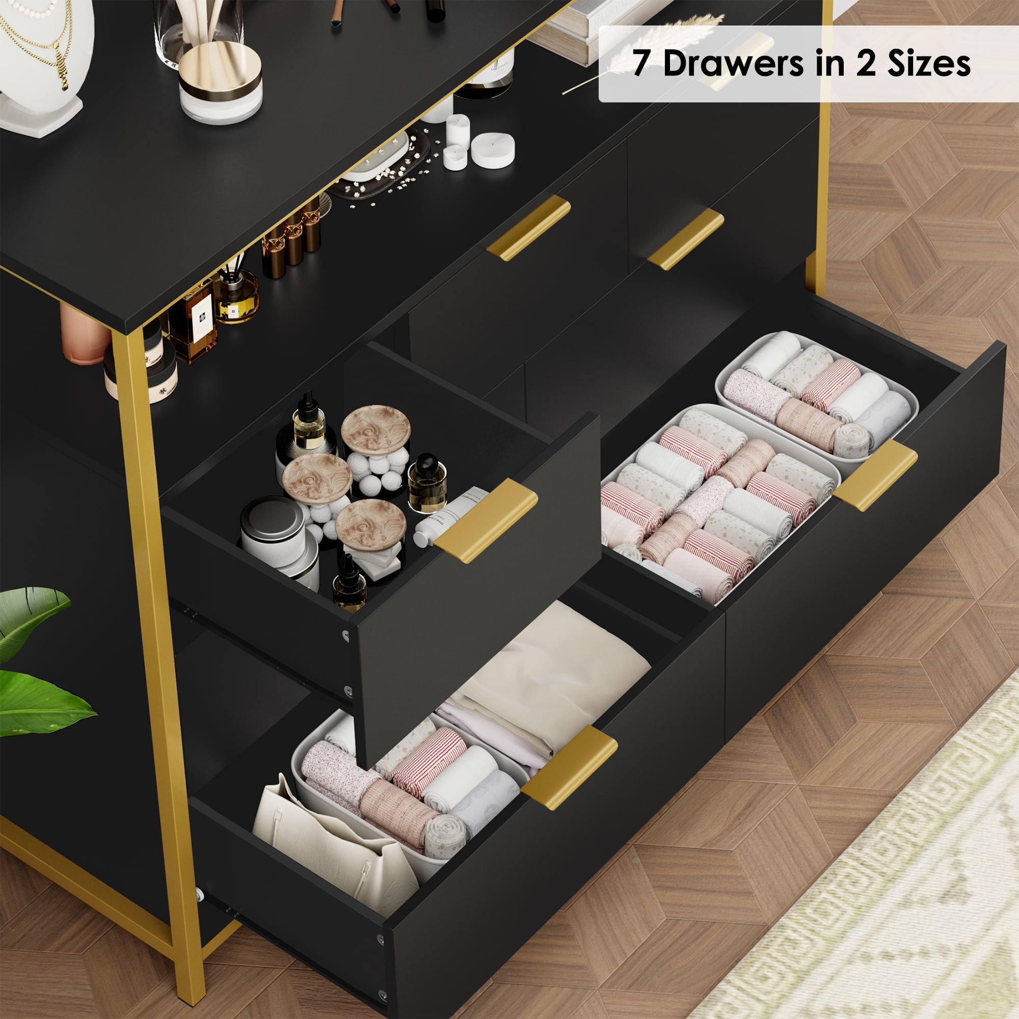 Homfa 7 Drawer Double Dresser for Bedroom, Modern 2 Tier Display Shlef Wood Storage Cabinet with Sturdy Metal Frame for Living Room Small Spaces, Black - Image 3