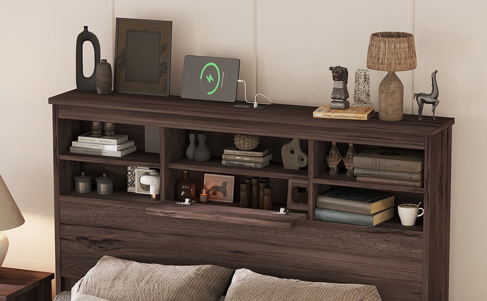 EUROCO Queen Size Platform Bed with Storage Headboard and USB Charging Station, Solid Wood Frame for Kids Adults, Walnut - Image 8