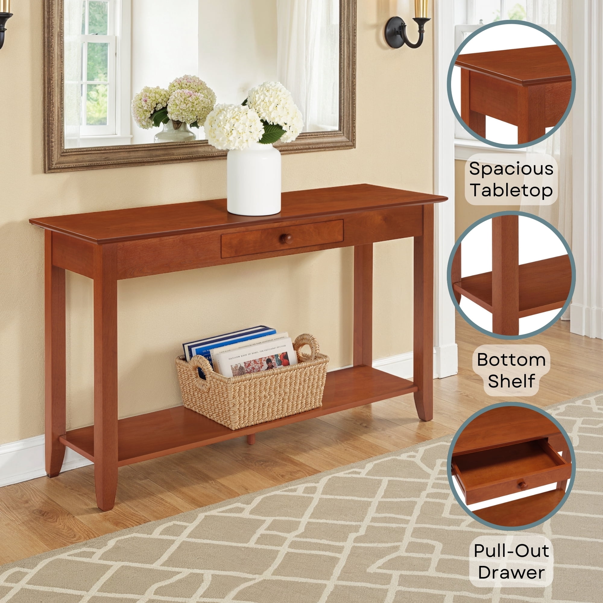 Convenience Concepts American Heritage 1 Drawer Console Table with Shelf, Cherry - Image 3