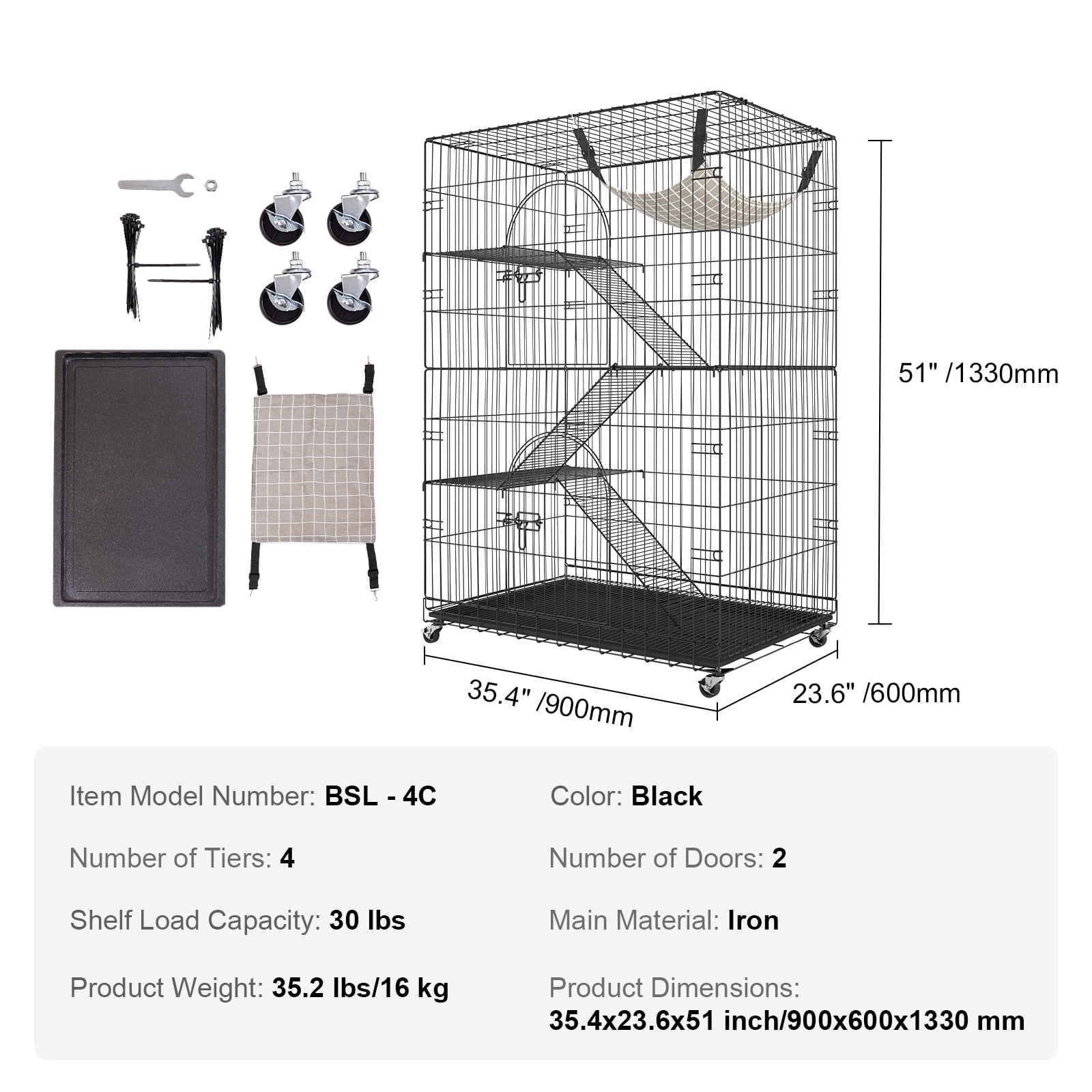 VEVOR Catio, 4-Tier Large Cat Cages Indoor, Detachable Metal Playpen Enclosure with 360 Rotating Casters, with 3 Ladders and a Hammock for 1-3 Cats, 35.4x23.6x51 inch - Image 2
