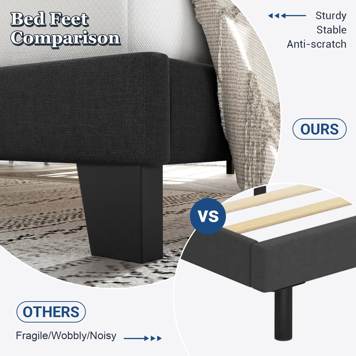 Allewie Queen Size Platform Bed Frame with Fabric Upholstered Headboard, No Box Spring Needed, Dark Grey - Image 5