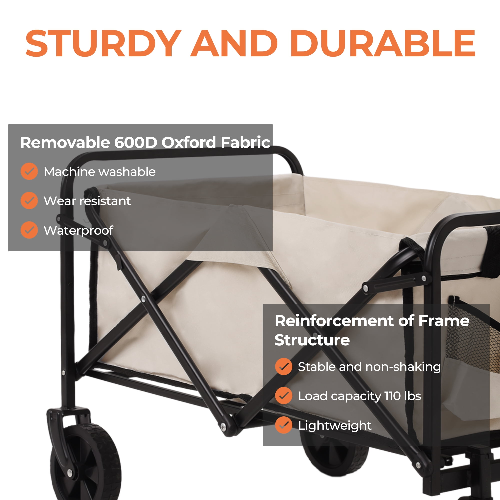 Folding Utility Wagon, Collapsible Outdoor Wagon Cart for Camping, Gardening, Picnic, Beach, Beige - Image 7