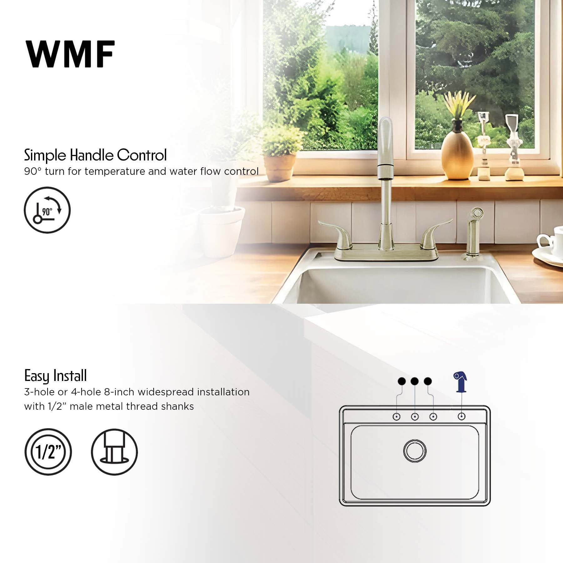 WMF-8235GNZMLP-BN - Hybrid Metal Deck Kitchen Sink Faucet, 360 Degree Swivel, High Spout, Double Handle with Side Spray - Image 3