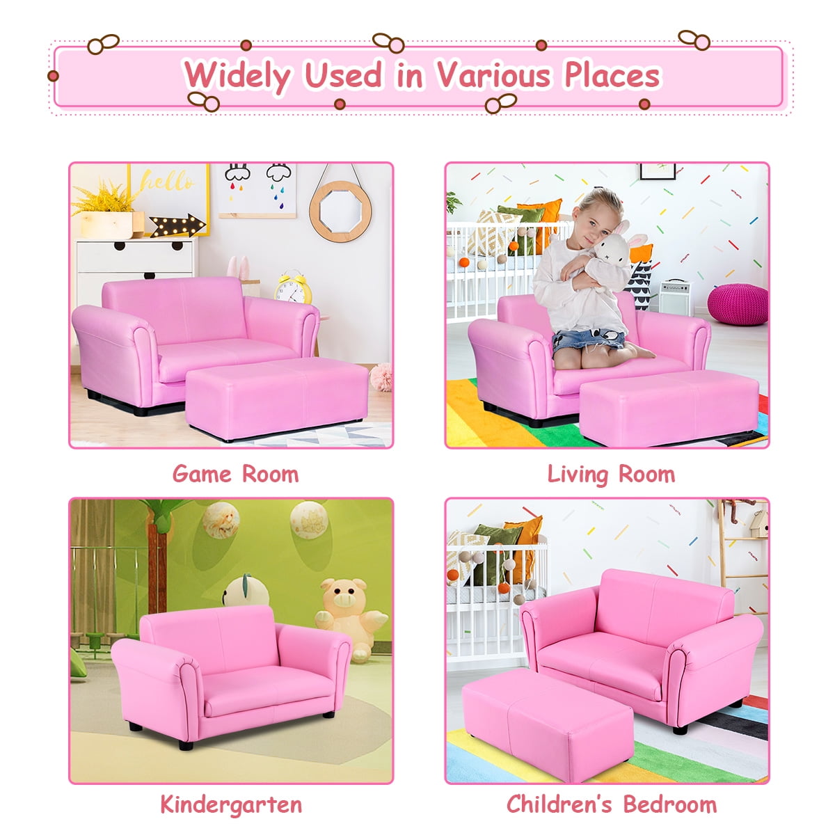 Costway Pink Kids Sofa Armrest Chair Couch Lounge Children Birthday Gift w/ Ottoman - Image 5