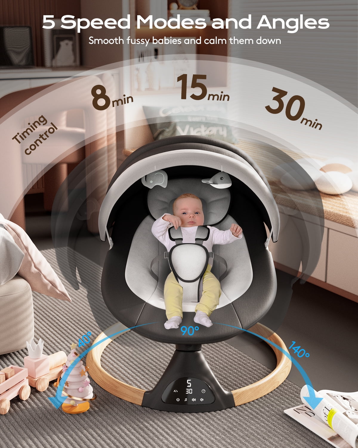 Babyomi Baby Swing for Infant, Electric Bluetooth Swing Rocker with 5 Sway Speeds& 10 nursery rhyme , Black - Image 2