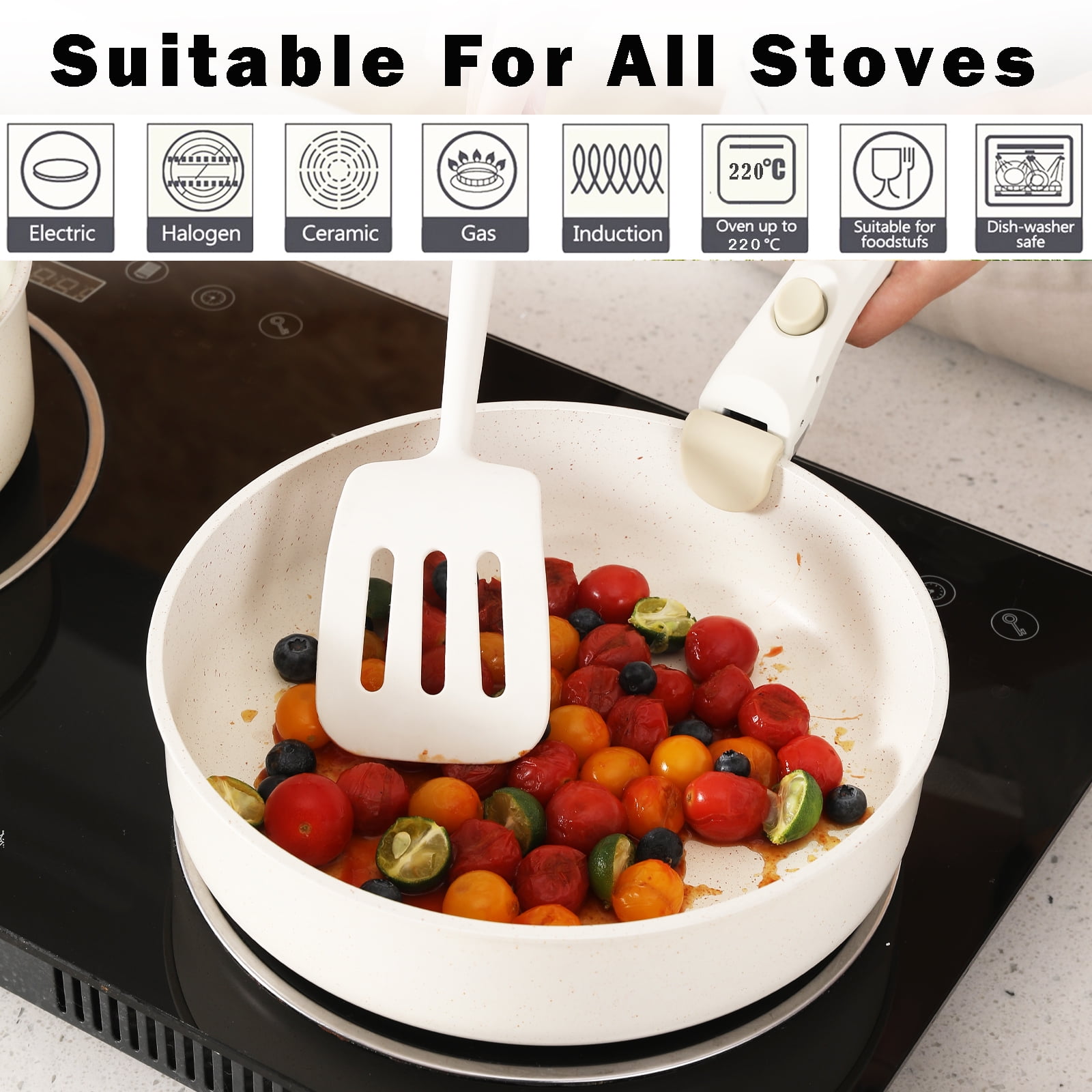 Vkoocy 9 Piece Nonstick Ceramic Pot and Pan Set Cookware Set with Removable Handle Detachable Handle Cream - Image 6