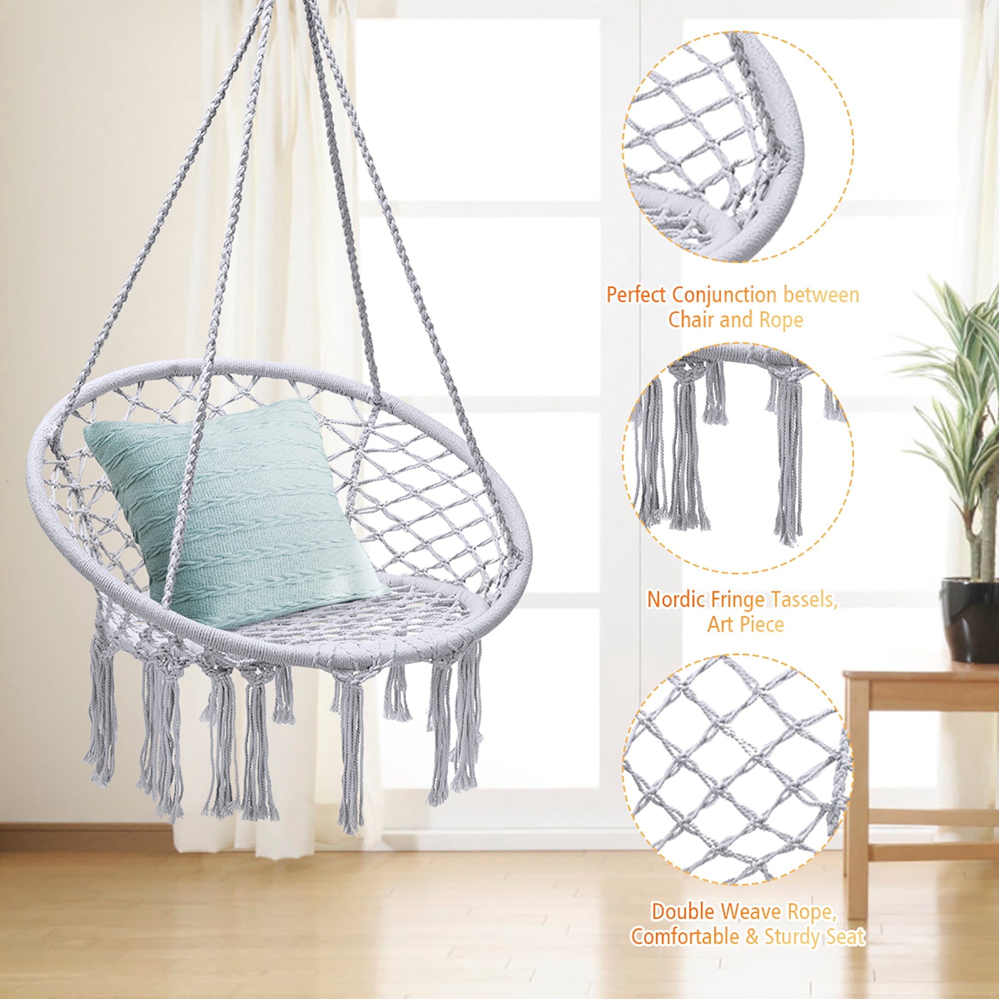 Costway Hanging Hammock Chair Macrame Swing Handwoven Cotton Backrest Garden Grey - Image 8