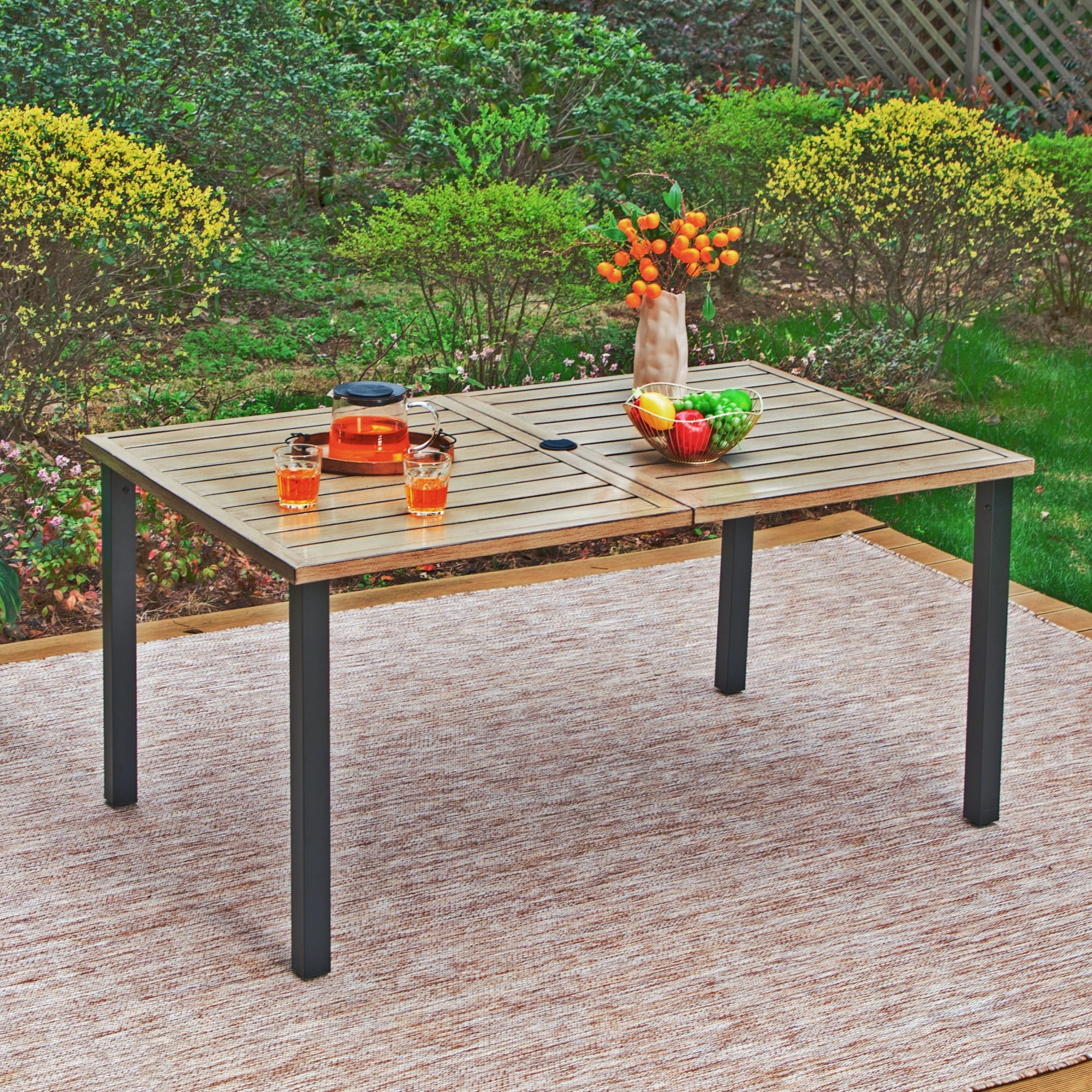 MF Studio 7-Piece Outdoor Patio Dining Set with Stacking Chairs & Wood-Grain Topped Table for 6-Person, Black - Image 12