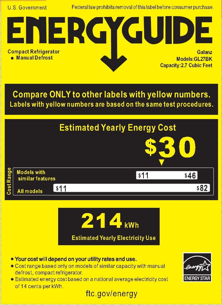 Galanz 2.7 Cu ft Single Door Mini Fridge, Black, Estar, New, Width 19.13" - Image 3