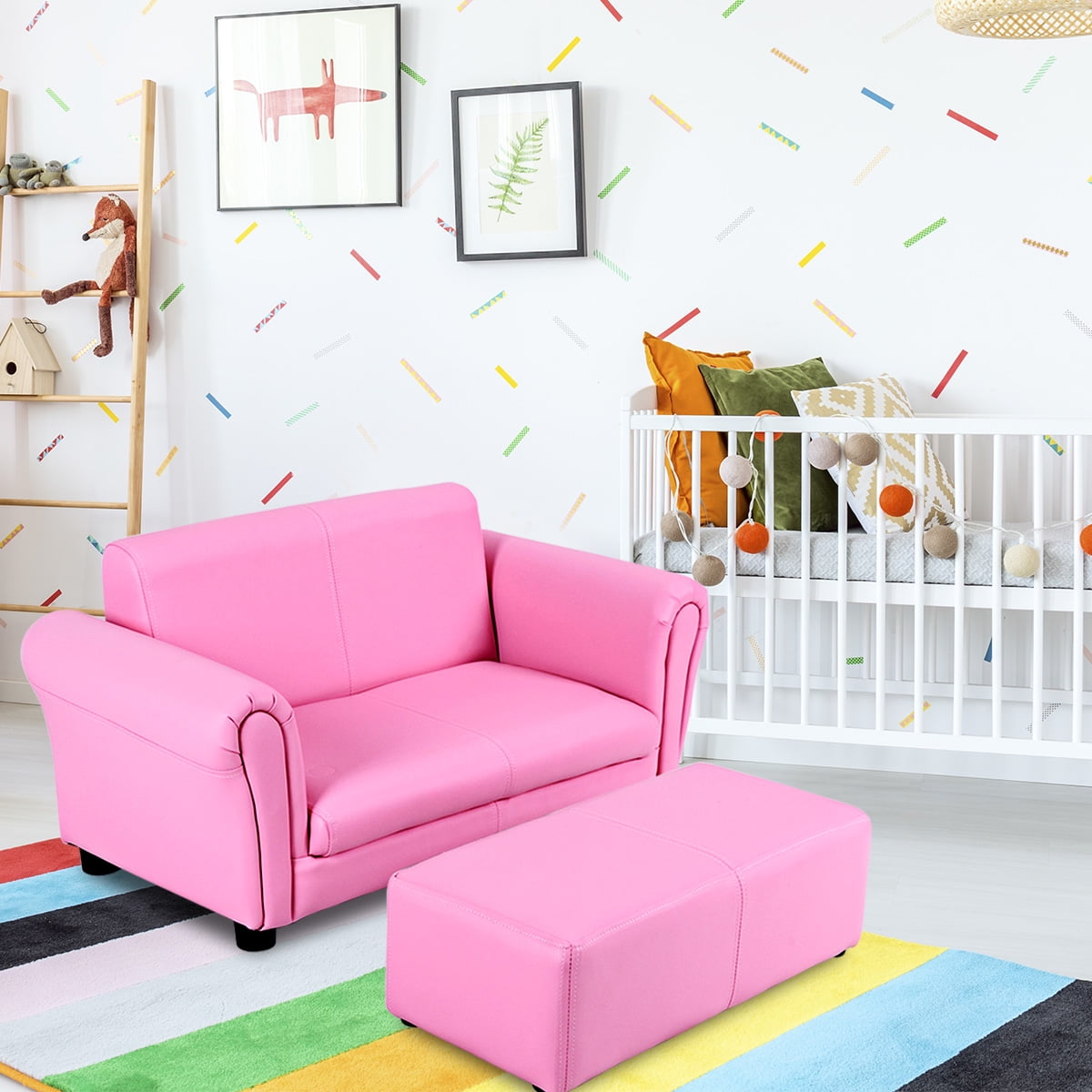 Costway Pink Kids Sofa Armrest Chair Couch Lounge Children Birthday Gift w/ Ottoman - Image 4