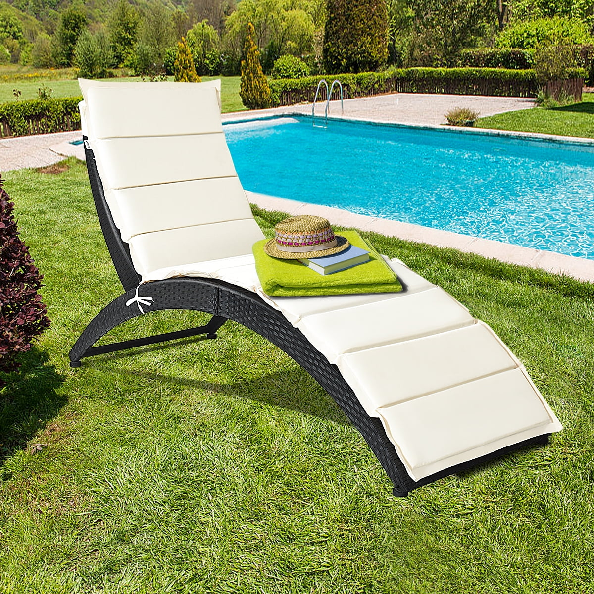 Costway Folding Patio Rattan Lounge Chair Chaise Cushioned Portable Garden Lawn Black - Image 6