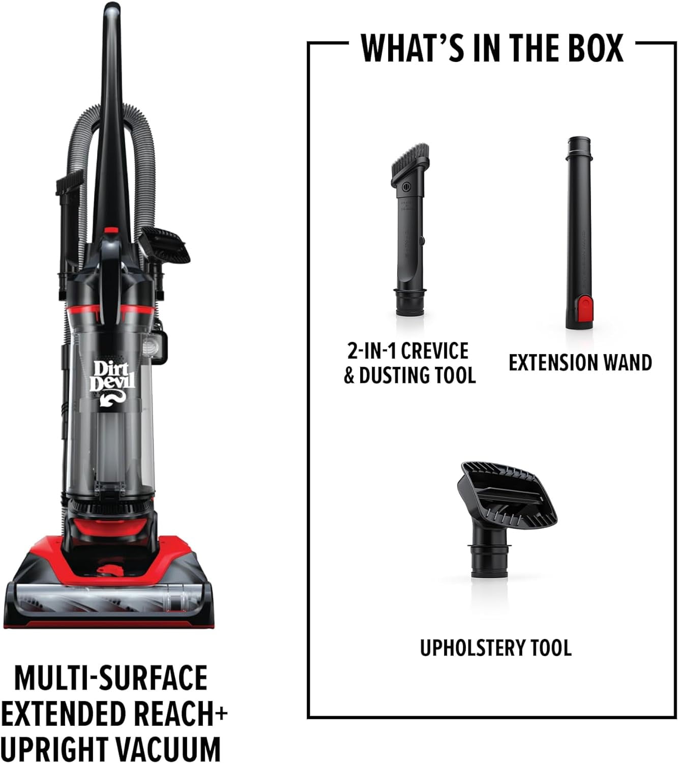 Dirt Devil Bagless Upright Vacuum Cleaner, Multi-Surface Extended Reach, {et Friendly, for Hard Floor & Carpet, Attachments & Tools, UD76310V, Black - Image 2
