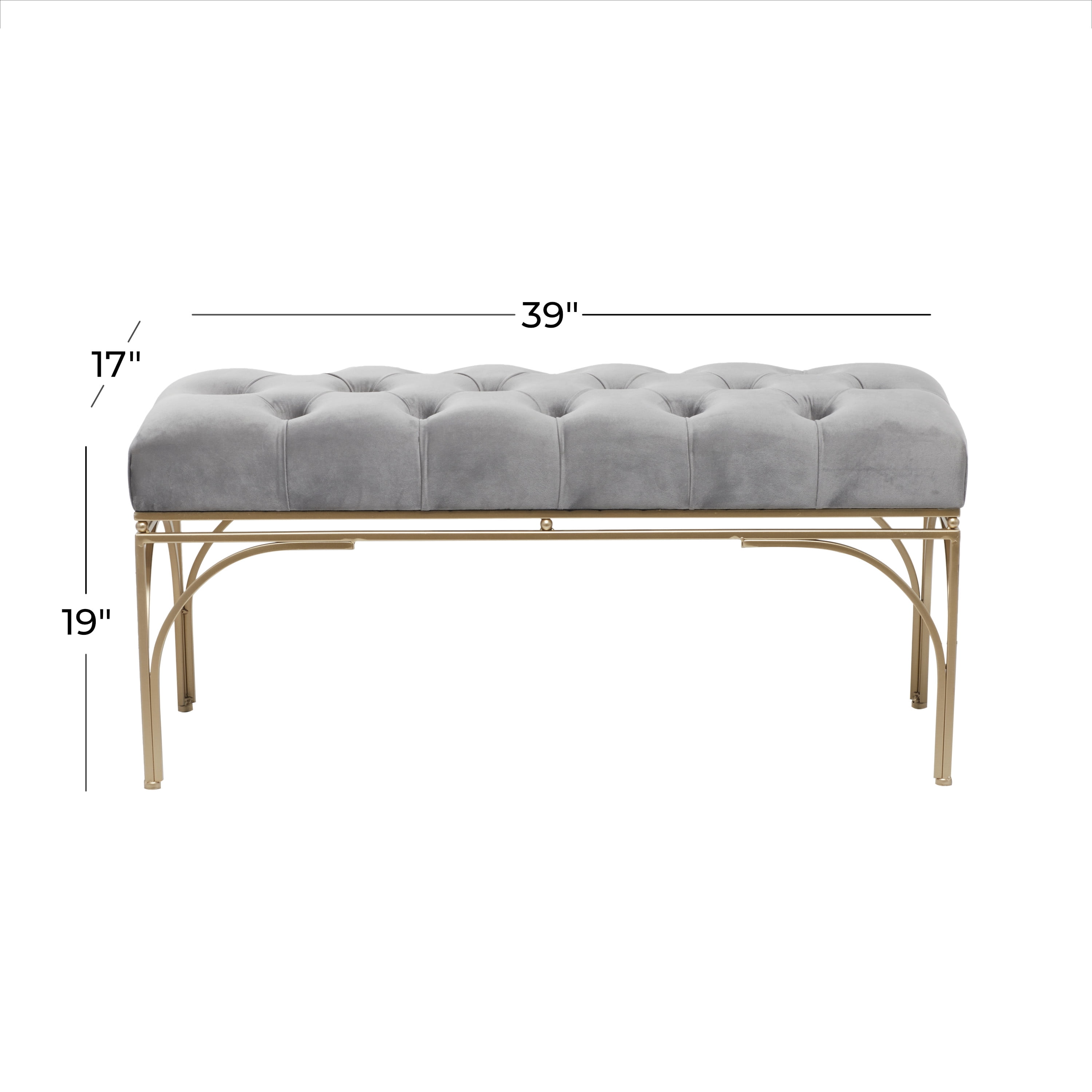 DecMode Gray Velvet Tufted Home Bench with Gold Metal Legs, 39" x 17" x 19" - Image 7