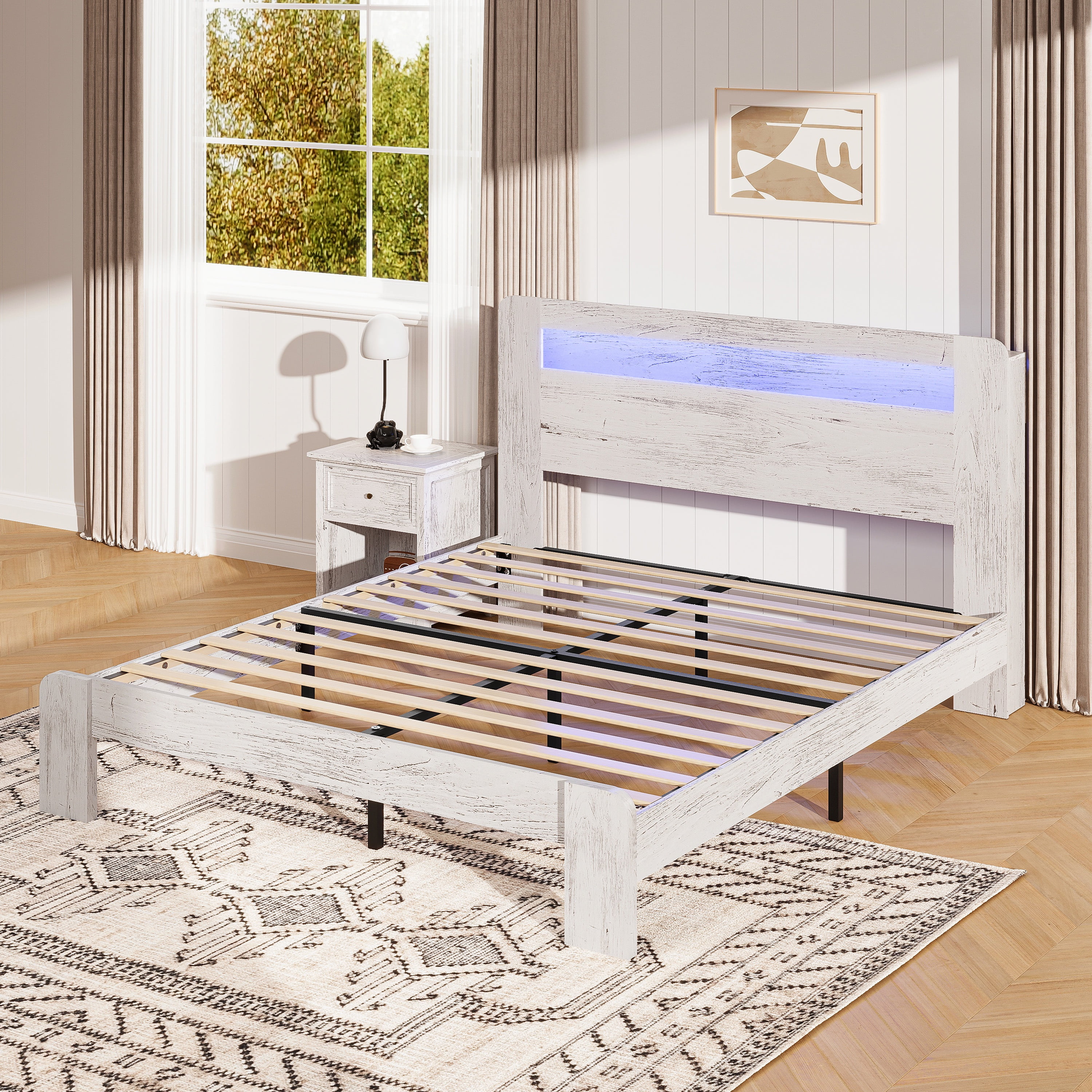 Full Bed Frame with LED Storage Headboard and Charging Station, UHOMEPRO Wood Full Bed Frame with Strong Support and RGB Lights, Modern Farmhouse Bedroom Furniture, No Box Spring Needed, White - Image 12