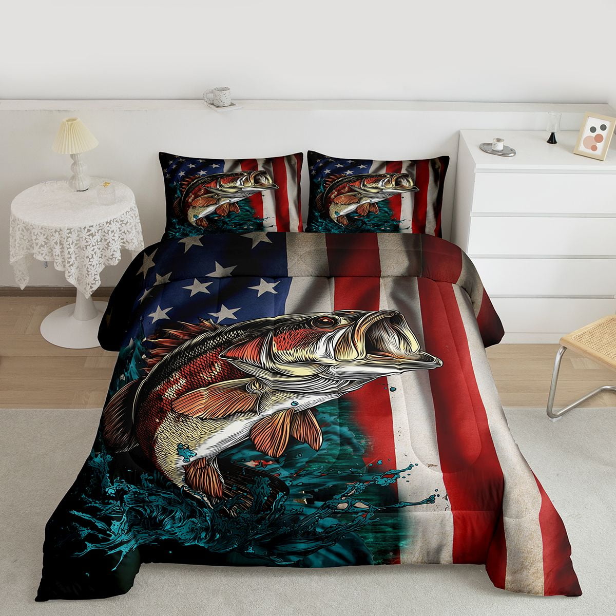 American Flag Bass FishingTwin Bedding Set Fisherman Fishing Comforter USA Flag Duvet Insert Big Pike Fish Fishing Lures Hook Hunting Decor Quilt Hunting and Fishing Farmhouse Decor - Image 6