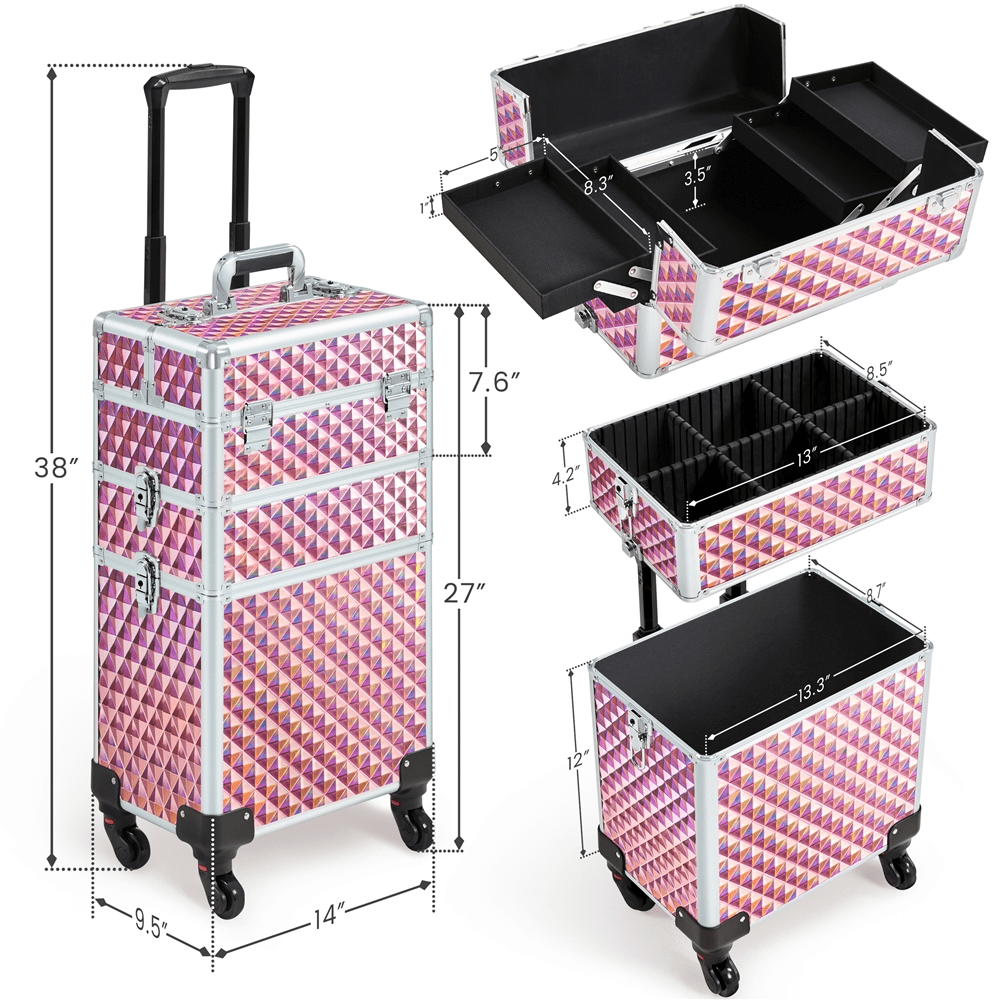 Alden Design 3-in-1 Rolling Makeup Train Case Cosmetic Trolley, Pink - Image 3