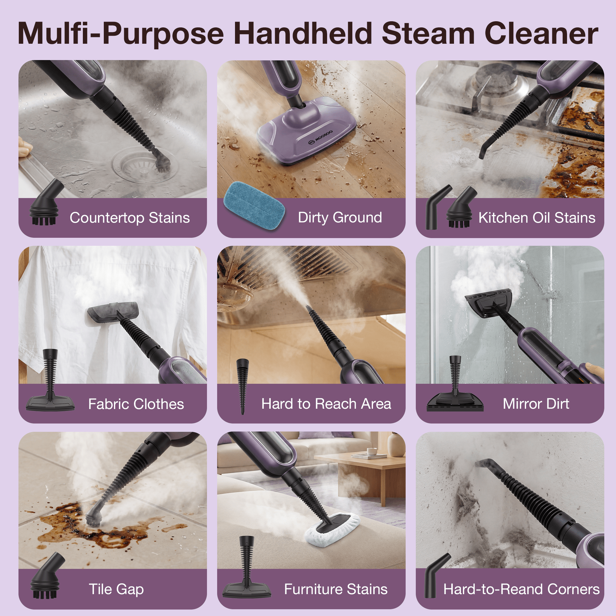 Maircle All-in-1 Steam Mop Cleaner, 17oz Large Water Tank, Detachable Steam Cleaner for Hardwood Tile Grout, Furniture, Purple - Image 6