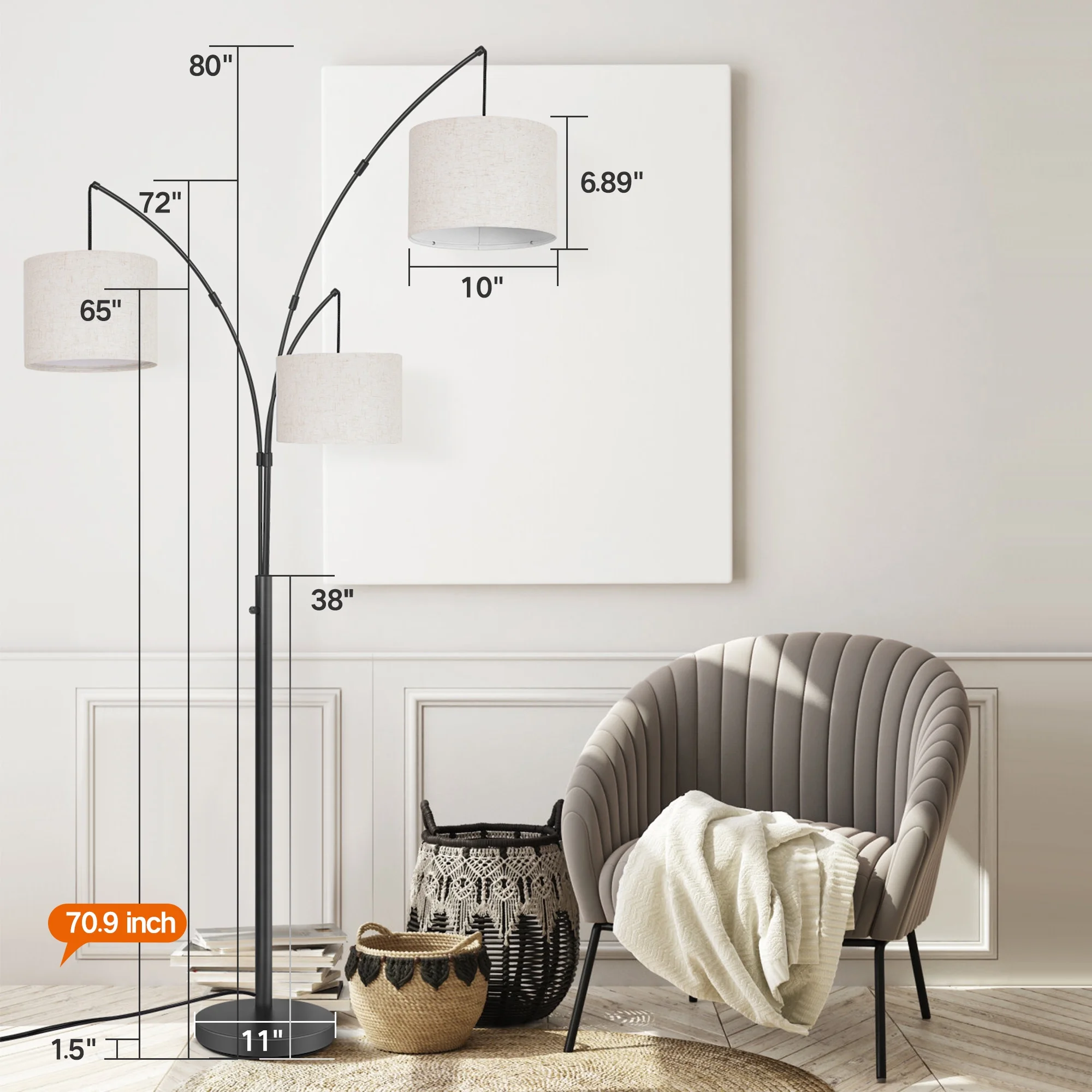 OUTON 3 Light Floor Lamp, 80" Mordern Standing Lamp with Linen Lamp Shade, Arc Floor Lamp for Living Room, Bedroom, Office, 3 Bulbs Includes(Black) - Image 6