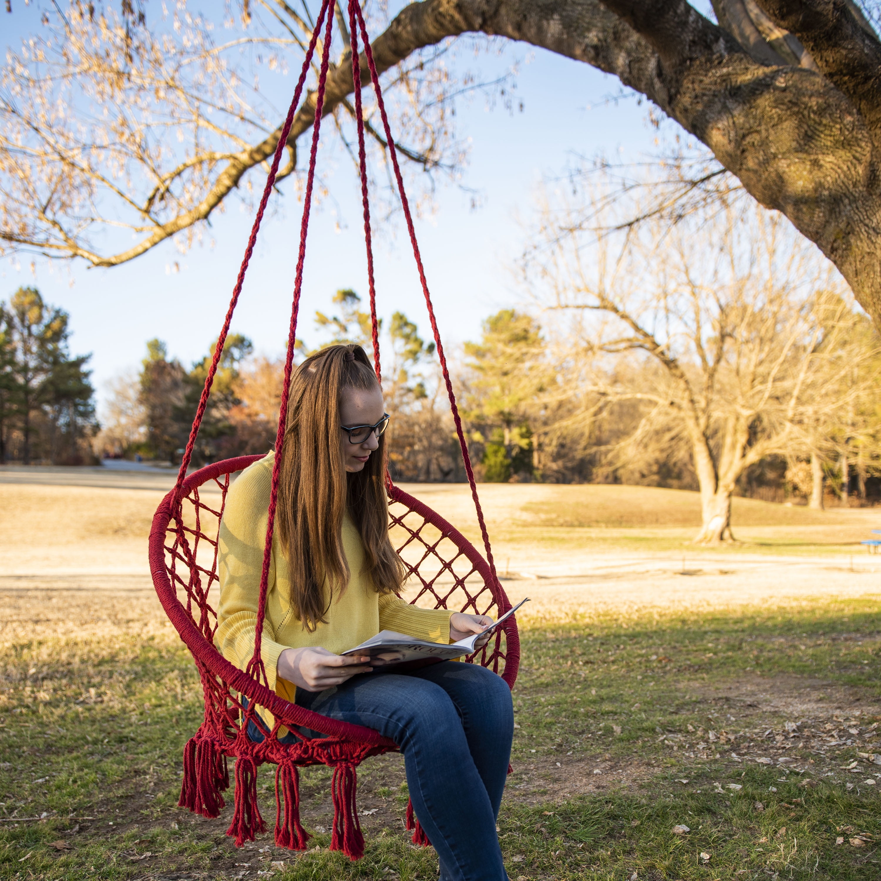 Equip Macrame Outdoor Hammock Chair, Cotton Polyester Blend Red, Size 47” H x 24” W, Weight Capacity 250 lb. - Image 7